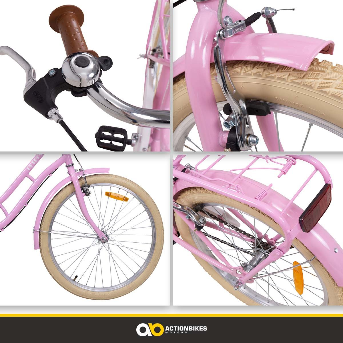 Detail eines rosa Fahrrades: Lenker, Bremse, Rad und Heck mit Korb.