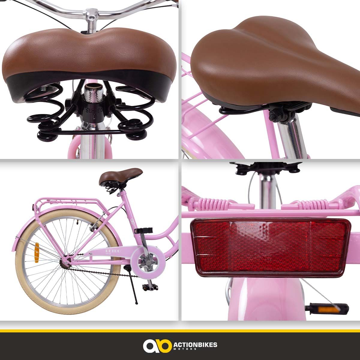 Pinkes Fahrrad mit braunem Sitz und Korb. Vier Ansichten: Sitz, Korb, Seite und Rückstrahler.