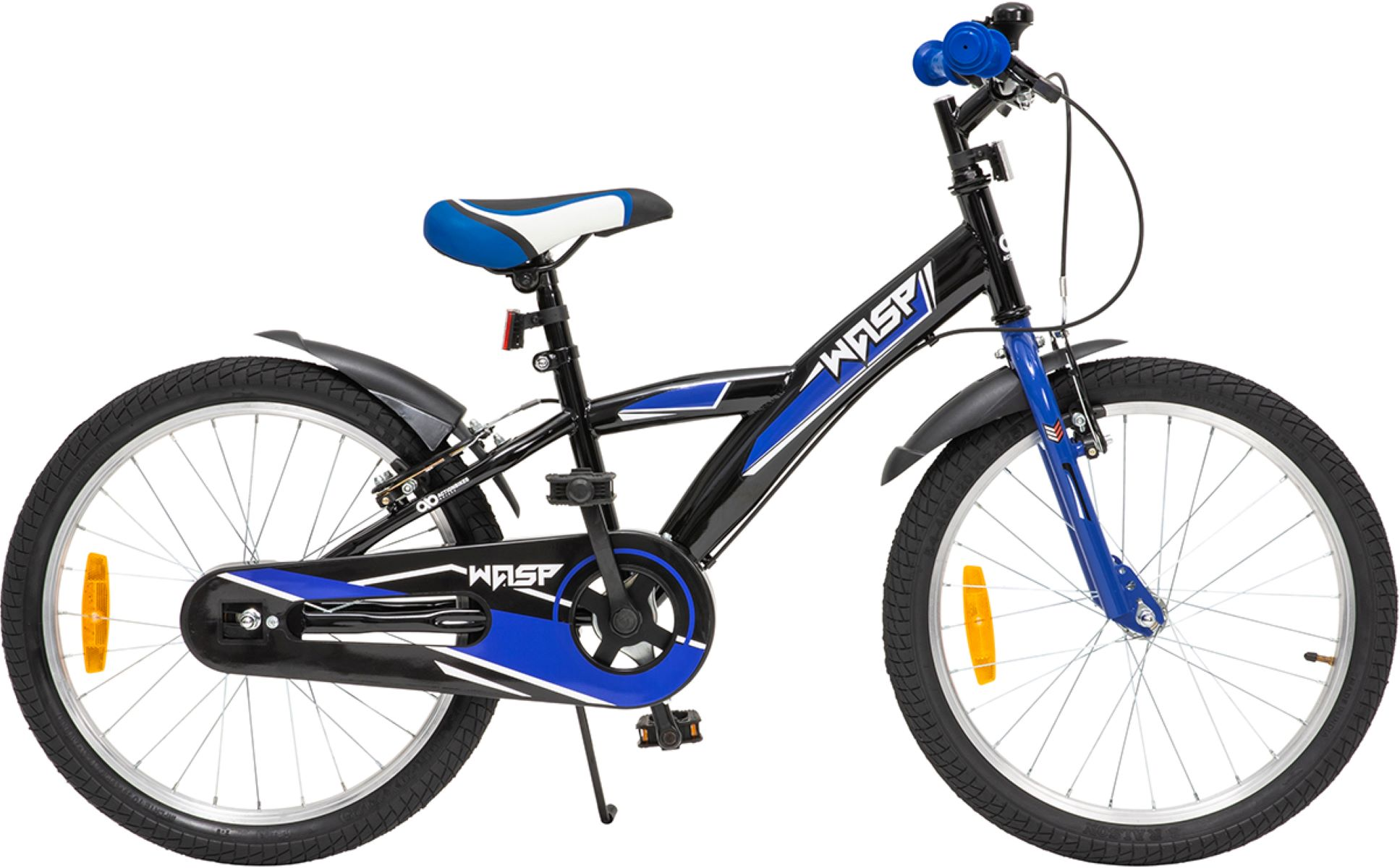 Schwarz-blaues Kinderfahrrad mit dem Wort WASP. Blauer Lenker und Sitz.