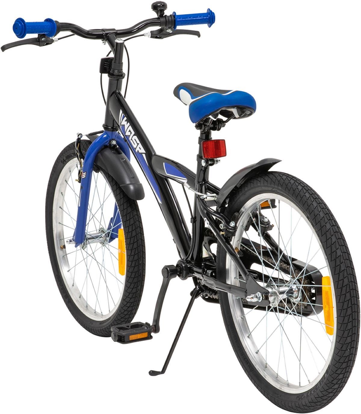 Schwarz-blaues Kinderfahrrad, Rückansicht. Enthält blaue Lenker, Reflektoren und schwarze Reifen.