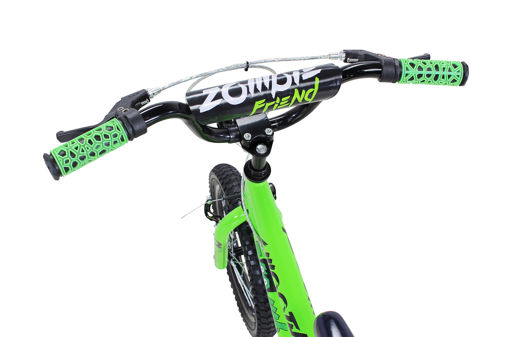 Grüner und schwarzer Fahrradlenker mit dem Wort „ZOMBIE Friend“ darauf.
