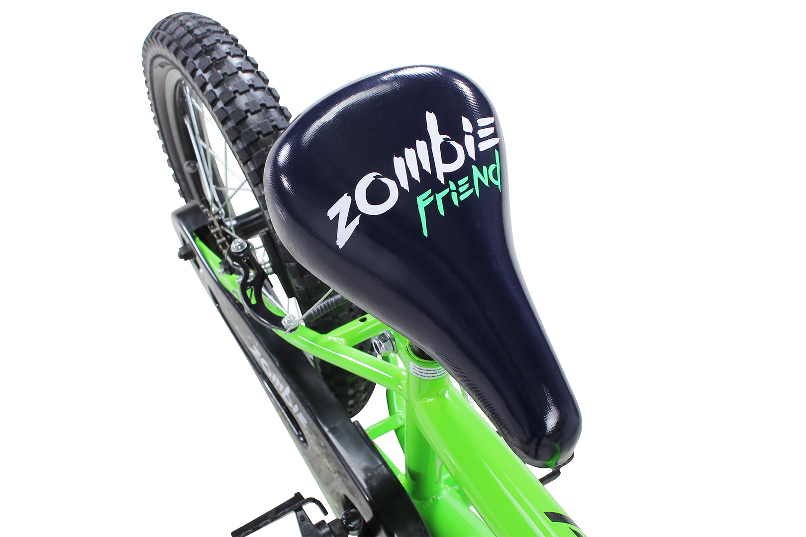 Grünes Fahrrad mit einem schwarzen Sitz mit der Aufschrift 'Zombie Friend' in weißer und grüner Schrift.