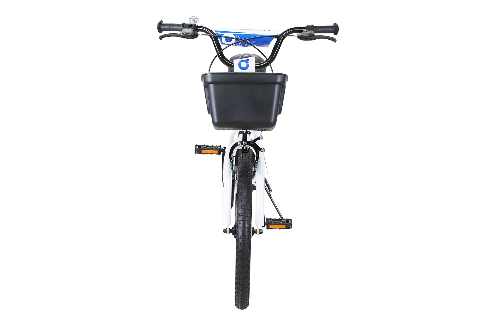 Ein weißes Fahrrad mit schwarzem Korb und Lenker. Die Ansicht ist direkt von vorne.