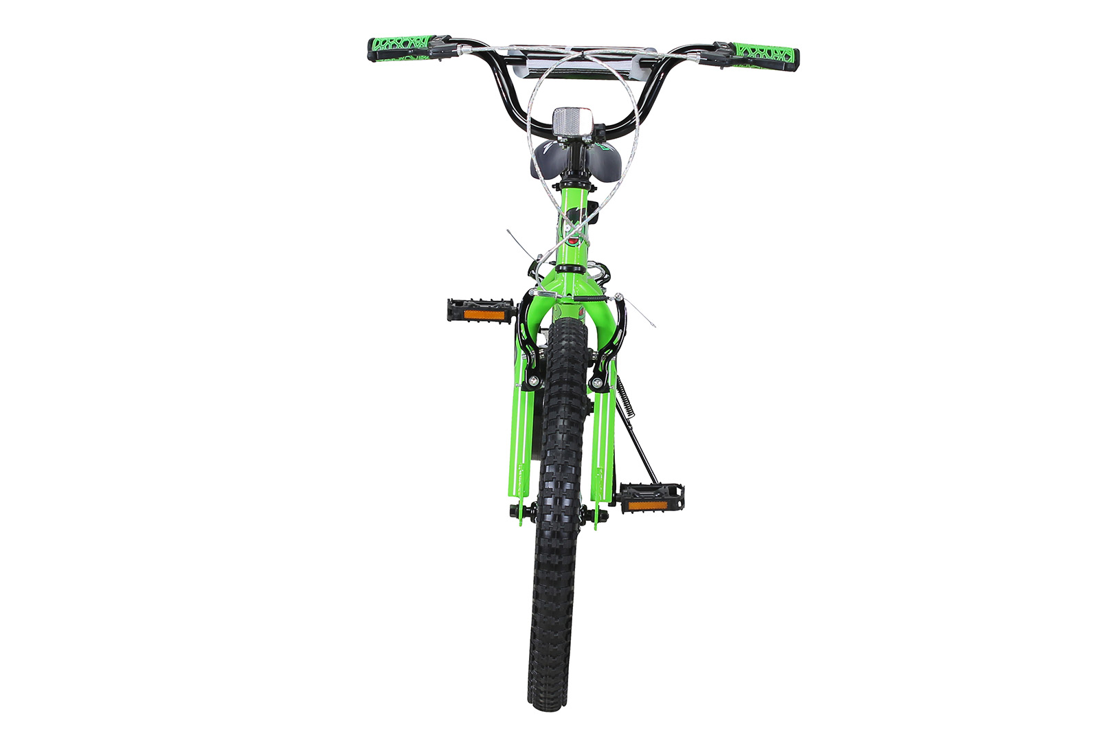 Ein grünes Fahrrad von vorne gesehen. Der Lenker ist schwarz und die Reifen sind schwarz.