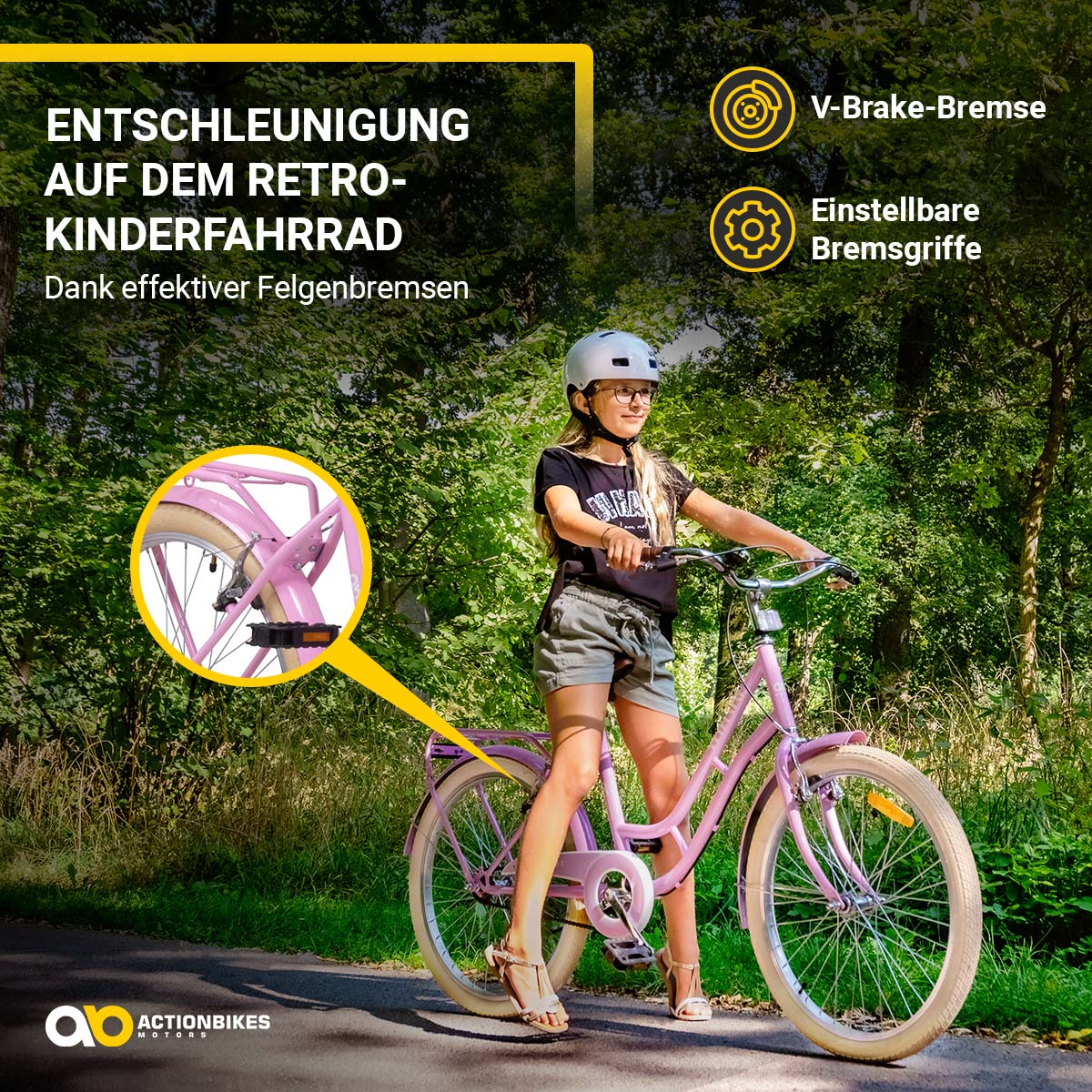 Mädchen auf pinkem Fahrrad. Text: Entschleunigung auf dem Retro-Kinderfahrrad. V-Brake-Bremsen, einstellbare Bremse.