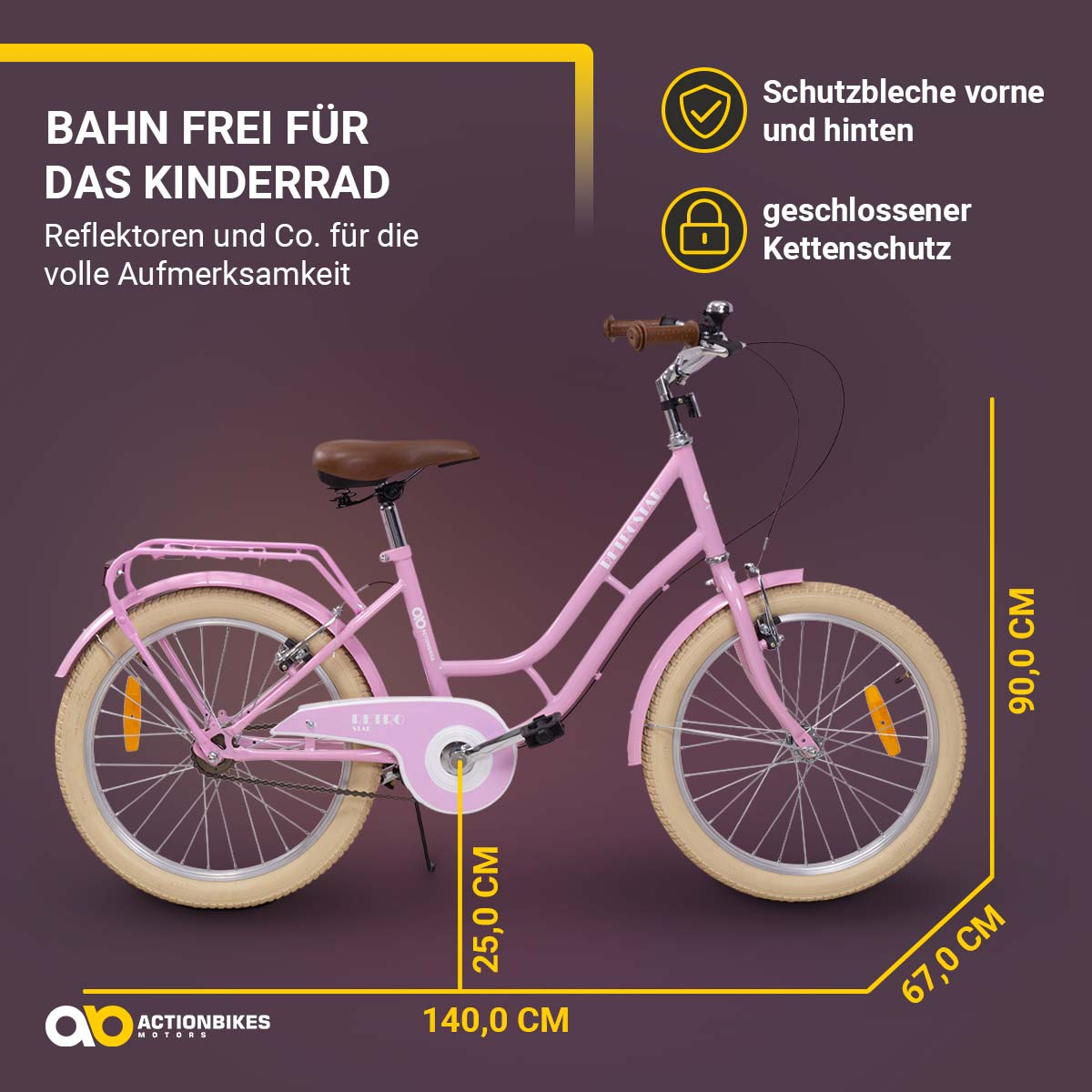 Ein rosa Kinderfahrrad mit beschrifteten Abmessungen.