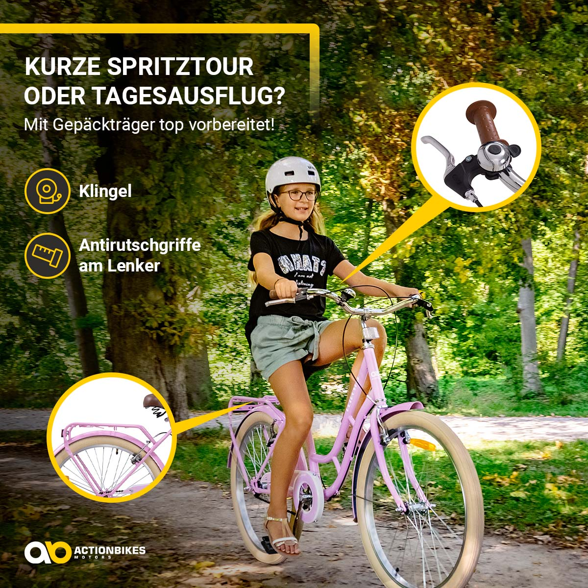 Ein Mädchen auf einem rosa Fahrrad fährt auf einem Weg in einem Park, mit deutschem Text.