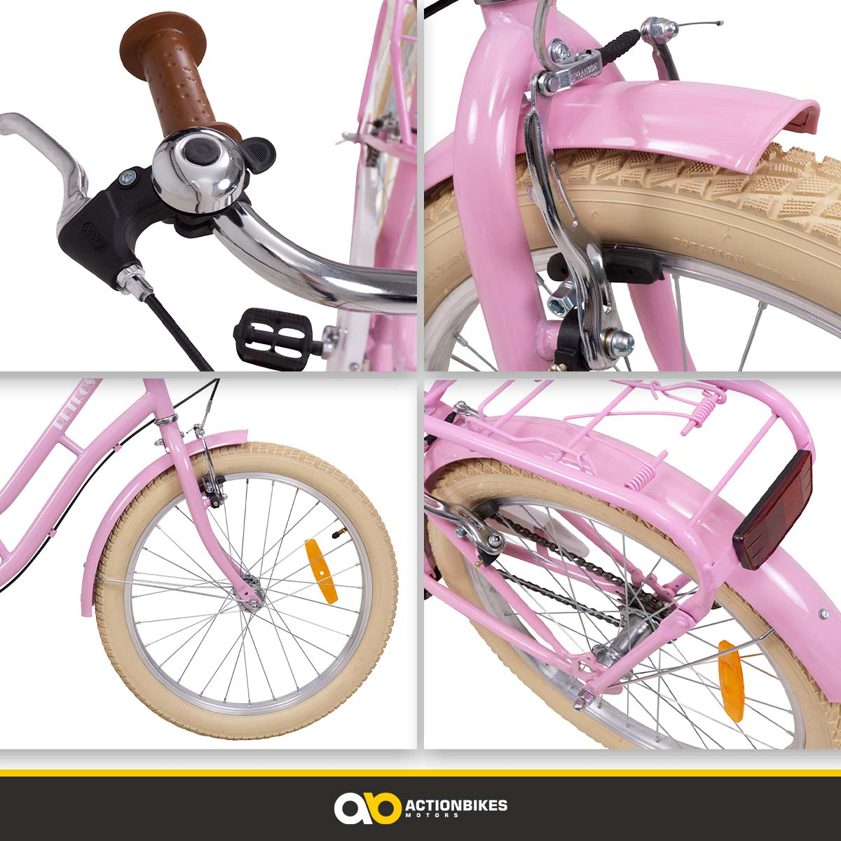 Teile eines rosa Fahrrads: Lenker, Bremsen, Räder und Gepäckträger. Beige Reifen und rosa Rahmen.