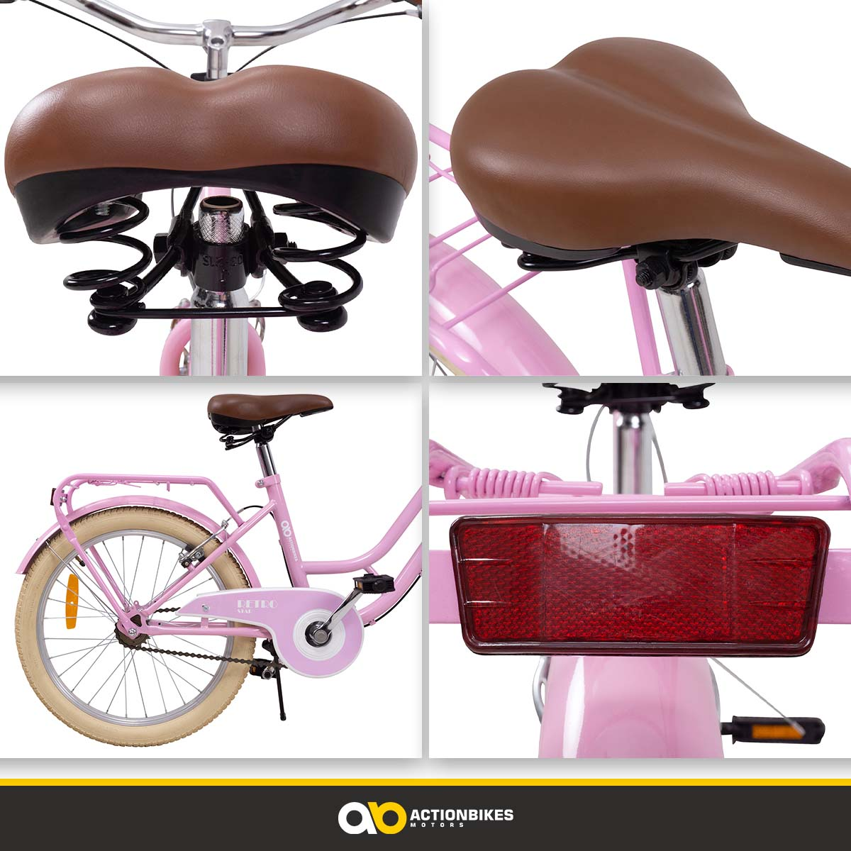 Nahaufnahmen von Details eines rosa Fahrrads: Sattel, Federn, Korb und Rückstrahler.