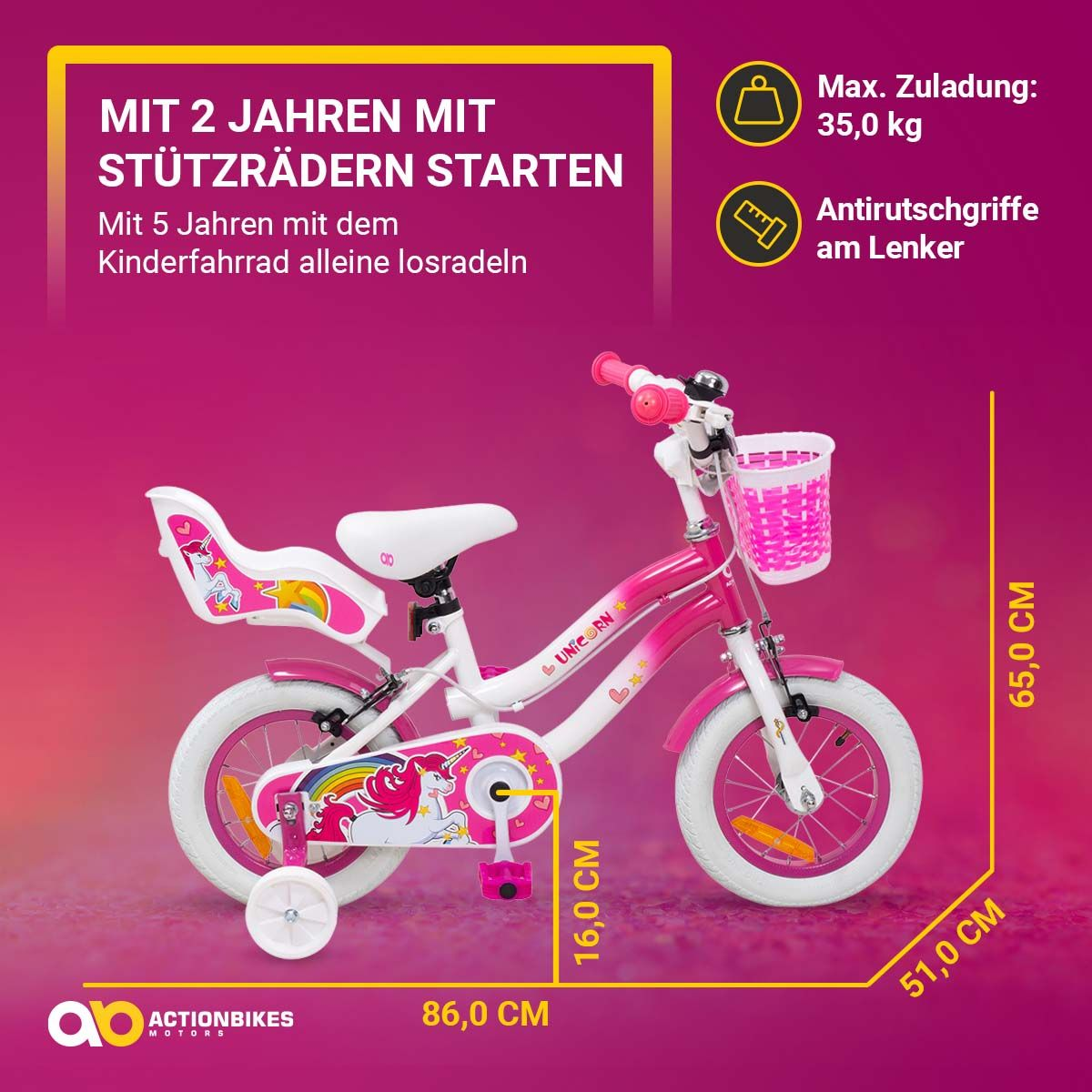 ACTIONBIKES MOTORS Kinder 12\' Fahrrad Unicorn