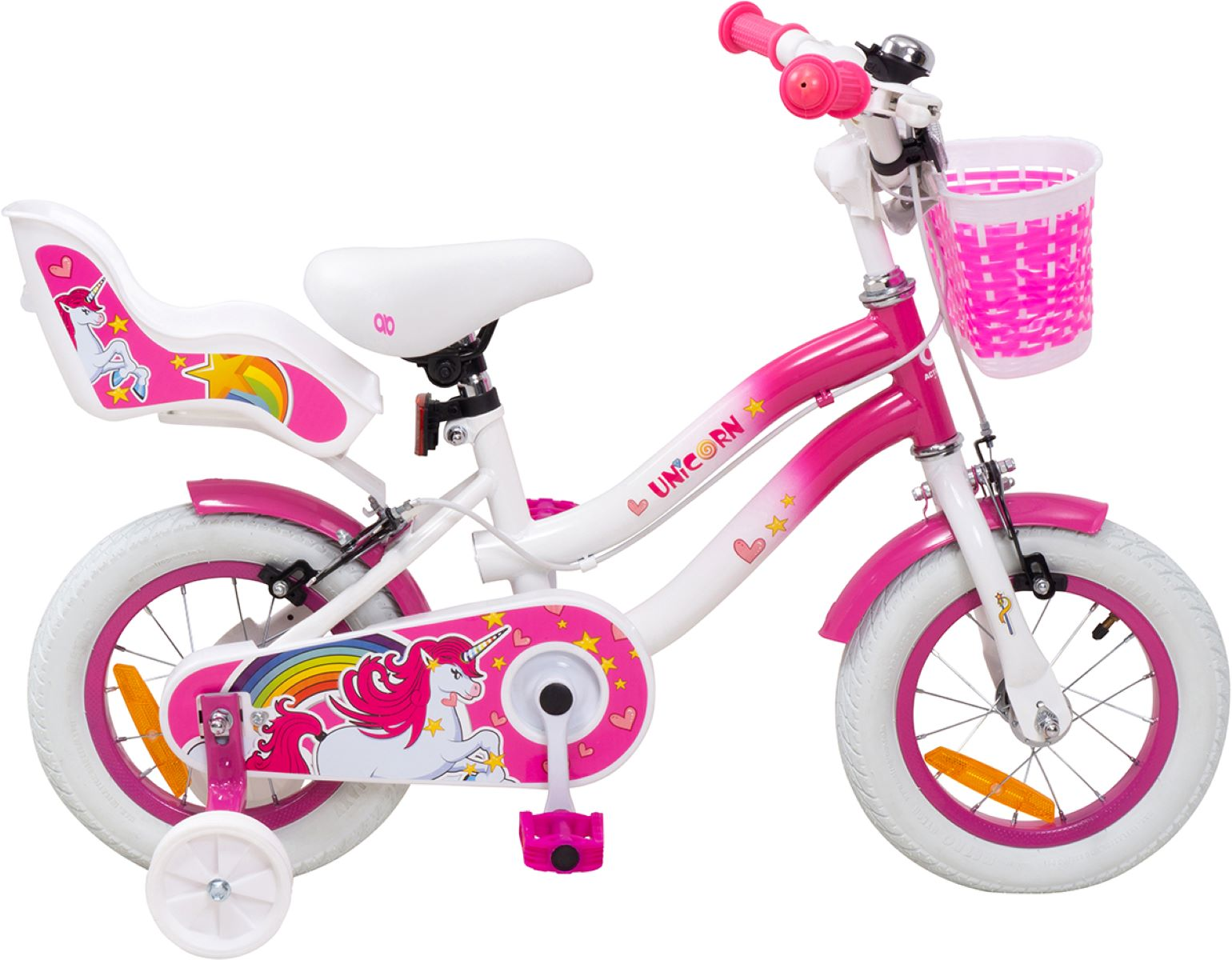 Rosa-weißes Einhorn-Fahrrad. Es hat einen Korb und einen Kindersitz. Weiße Reifen und Stützräder sind vorhanden.