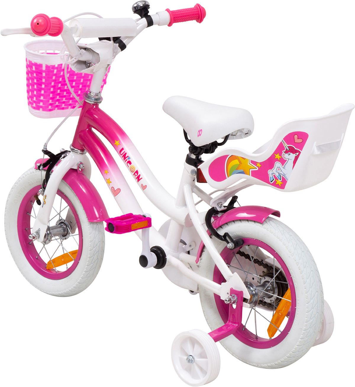 Ein rosa-weißes Kinderfahrrad mit Korb und Einhorn-Design auf dem Rücksitz.