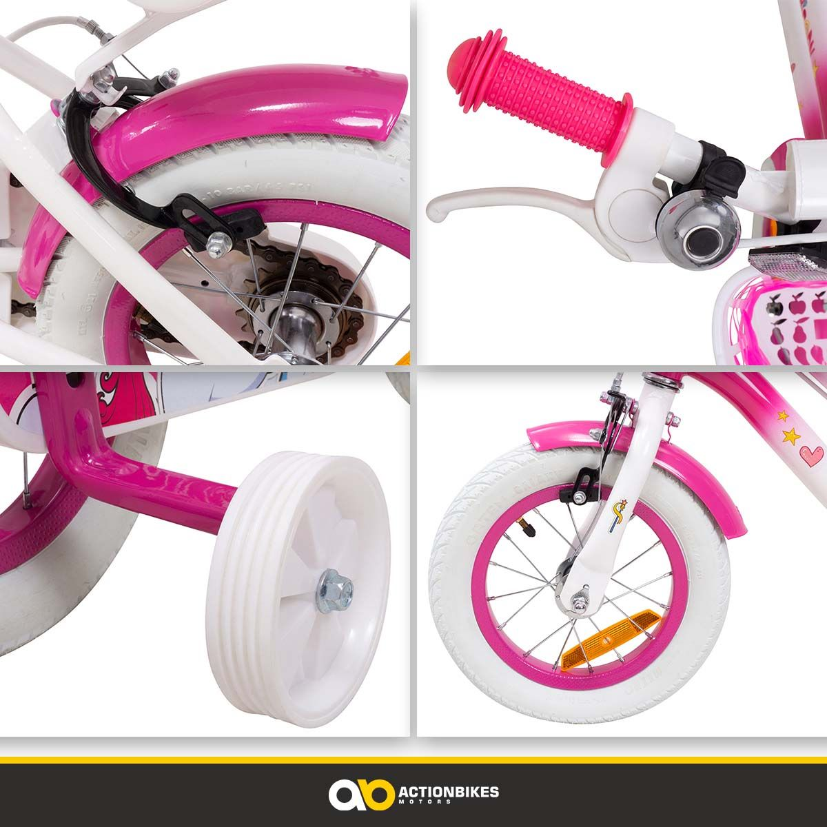 Nahaufnahme eines rosa-weißen Fahrrads mit Stützrädern. Beinhaltet Lenker, Räder und Rahmen.