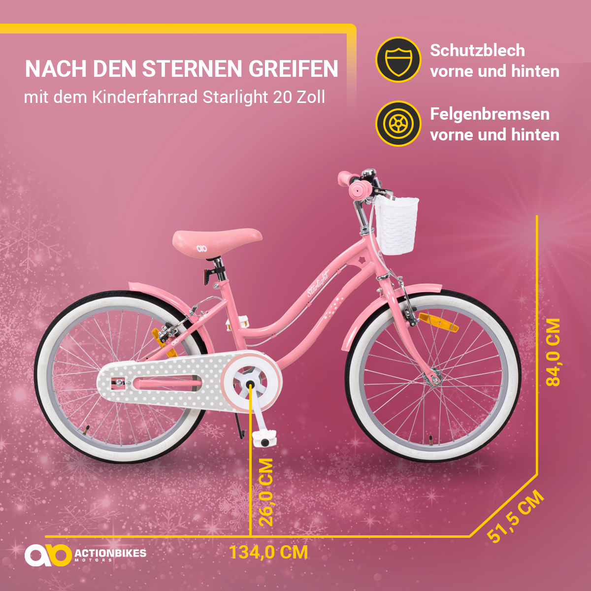 Rosa Kinderfahrrad mit weißen Rädern, Korb und am Rahmen markierten Maßen.