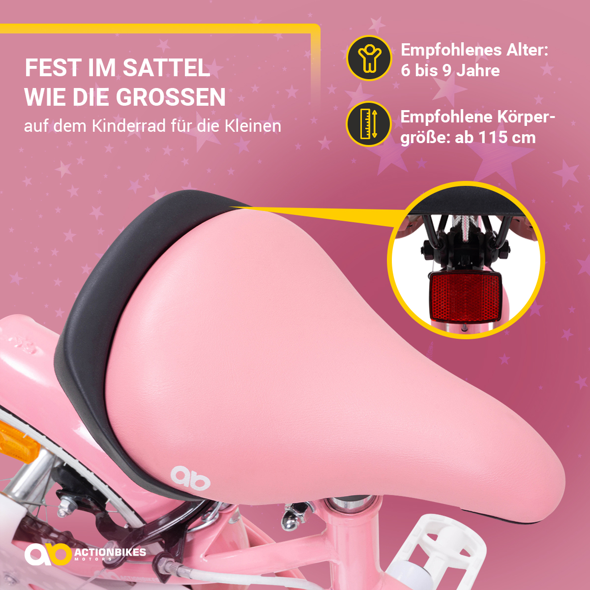 Rosa Fahrradsattel mit Text und Bildern, die Alter und Größenempfehlungen angeben.
