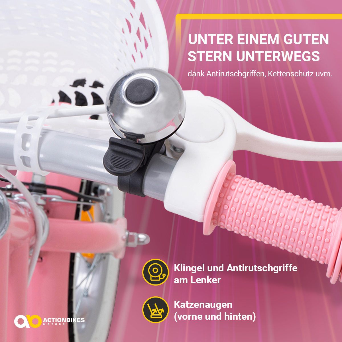 Rosa Fahrradlenker mit Klingel und Griffen. Text: Unter einem guten Stern, rutschfeste Griffe und Reflektoren.