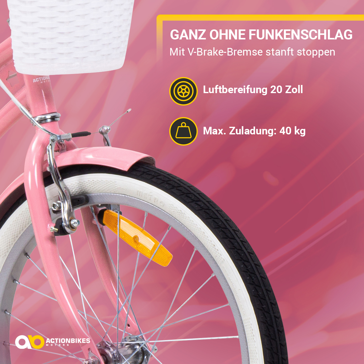 Ein pinkes Fahrrad mit weißem Korb, auf pinkfarbenem Hintergrund. Details sind hervorgehoben.