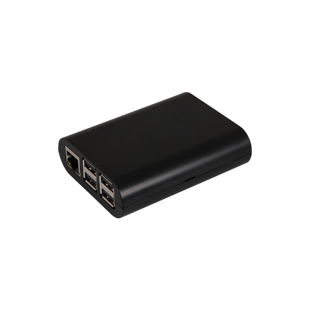 Dispositivo rettangolare nero con porte, probabilmente un case Raspberry Pi, su sfondo bianco.