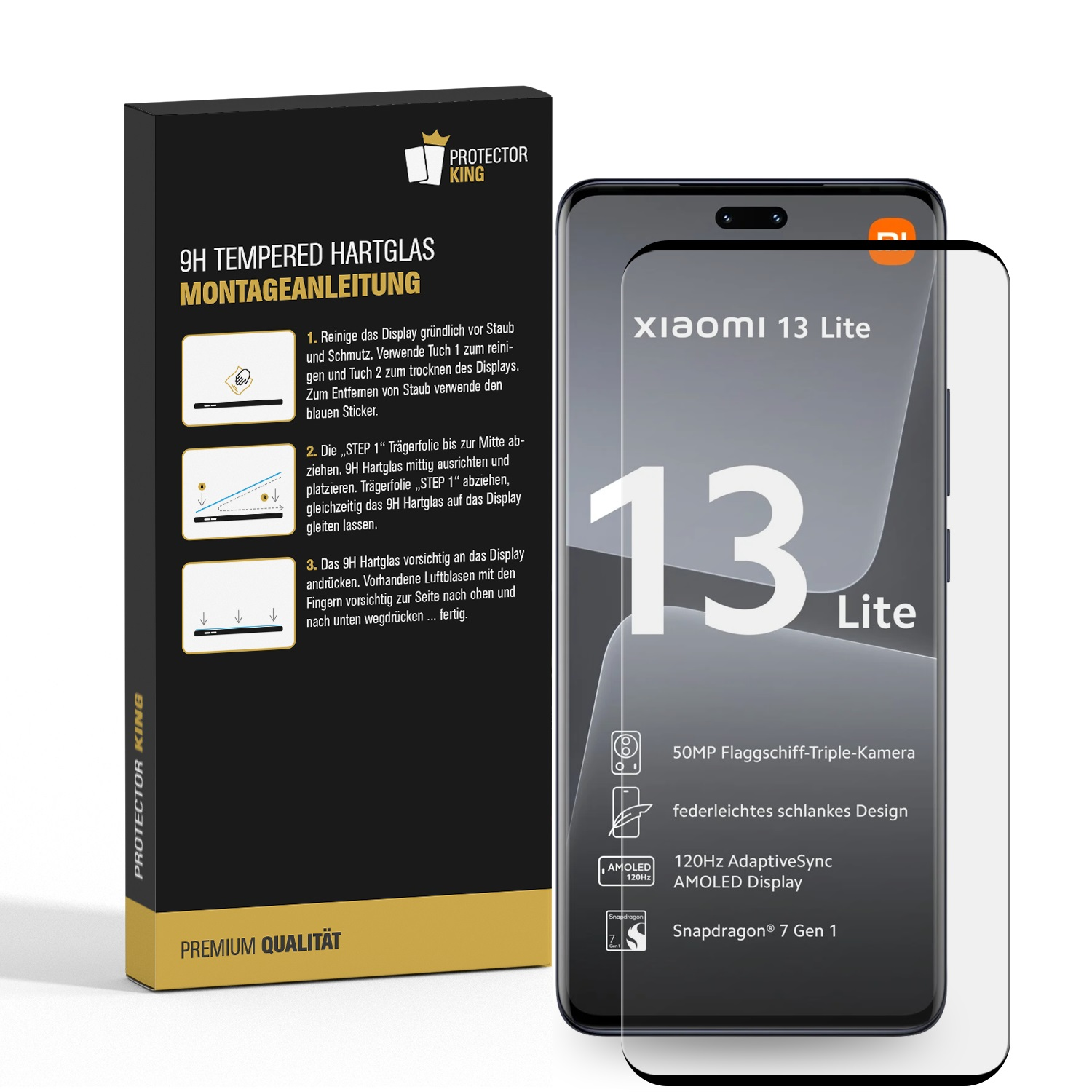 Ein Smartphone mit Displayschutzfolie und die Verpackung der Displayschutzfolie.