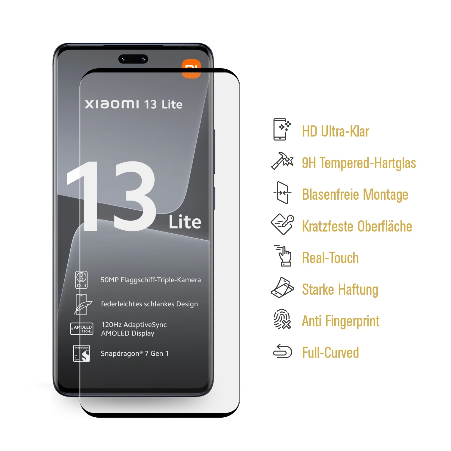 Smartphone mit einer Displayschutzfolie. Es hat Text und Symbole, die auf Deutsch sind.