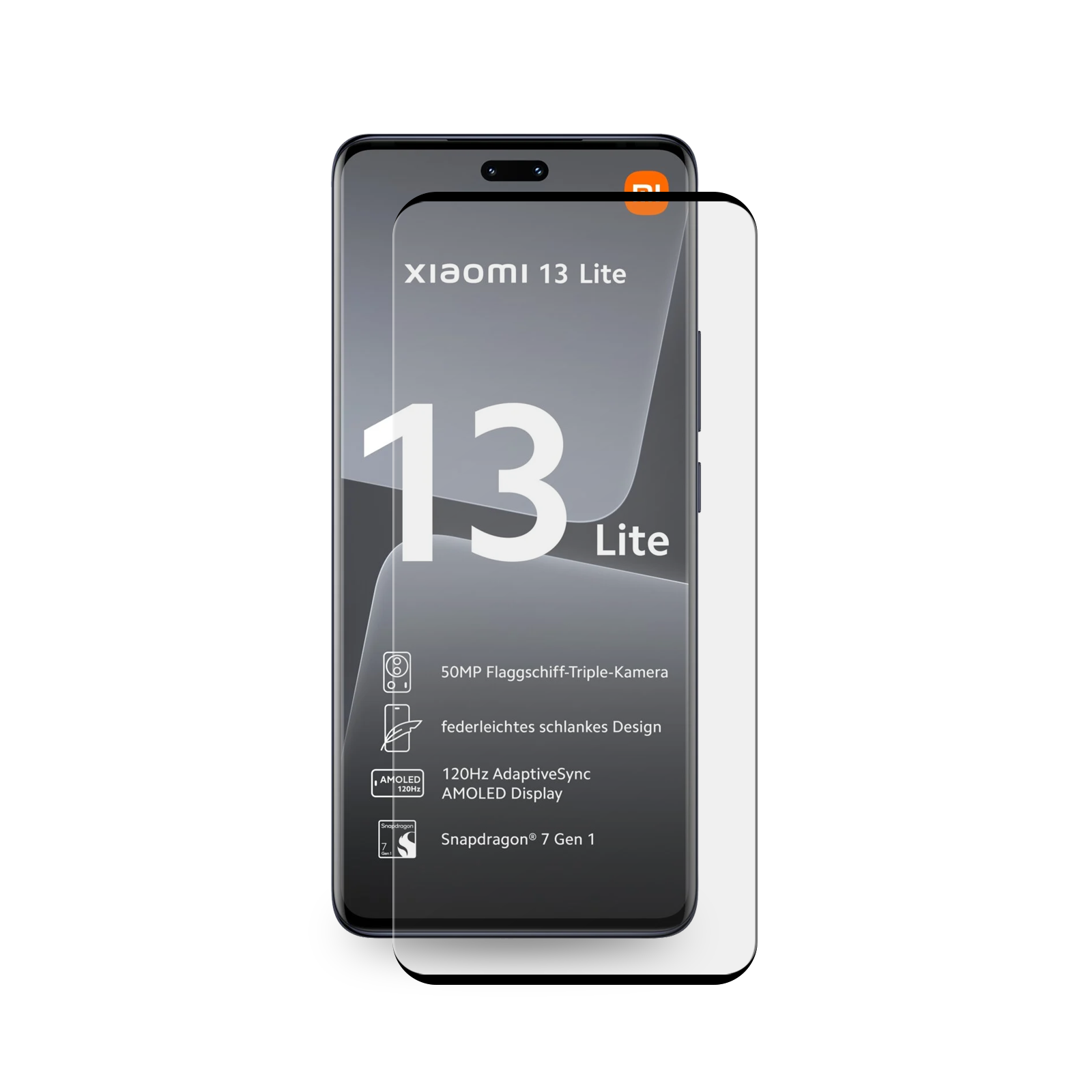 Ein weißer Hintergrund mit einem Xiaomi 13 Lite Telefon mit Displayschutzfolie.