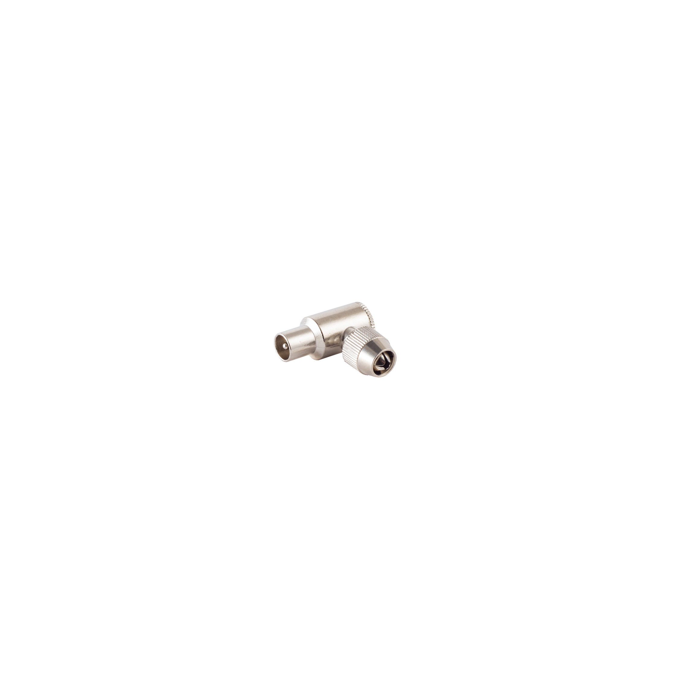 Ein silberner, abgewinkelter F-Stecker.