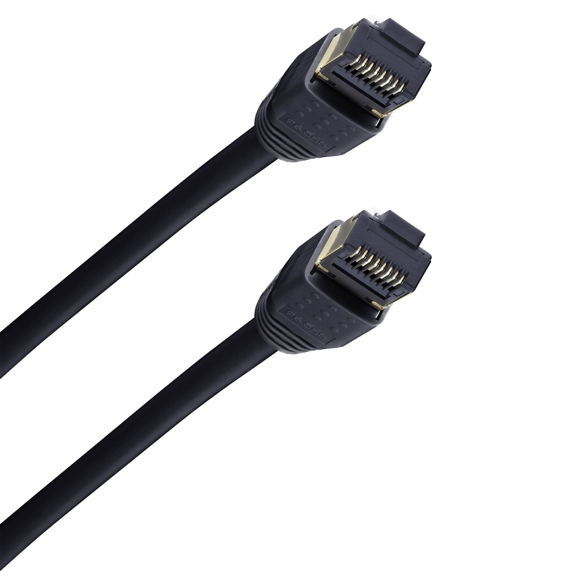 Zwei schwarze HDMI-Kabel mit Goldsteckern, abgewinkelt, isoliert auf Weiß.