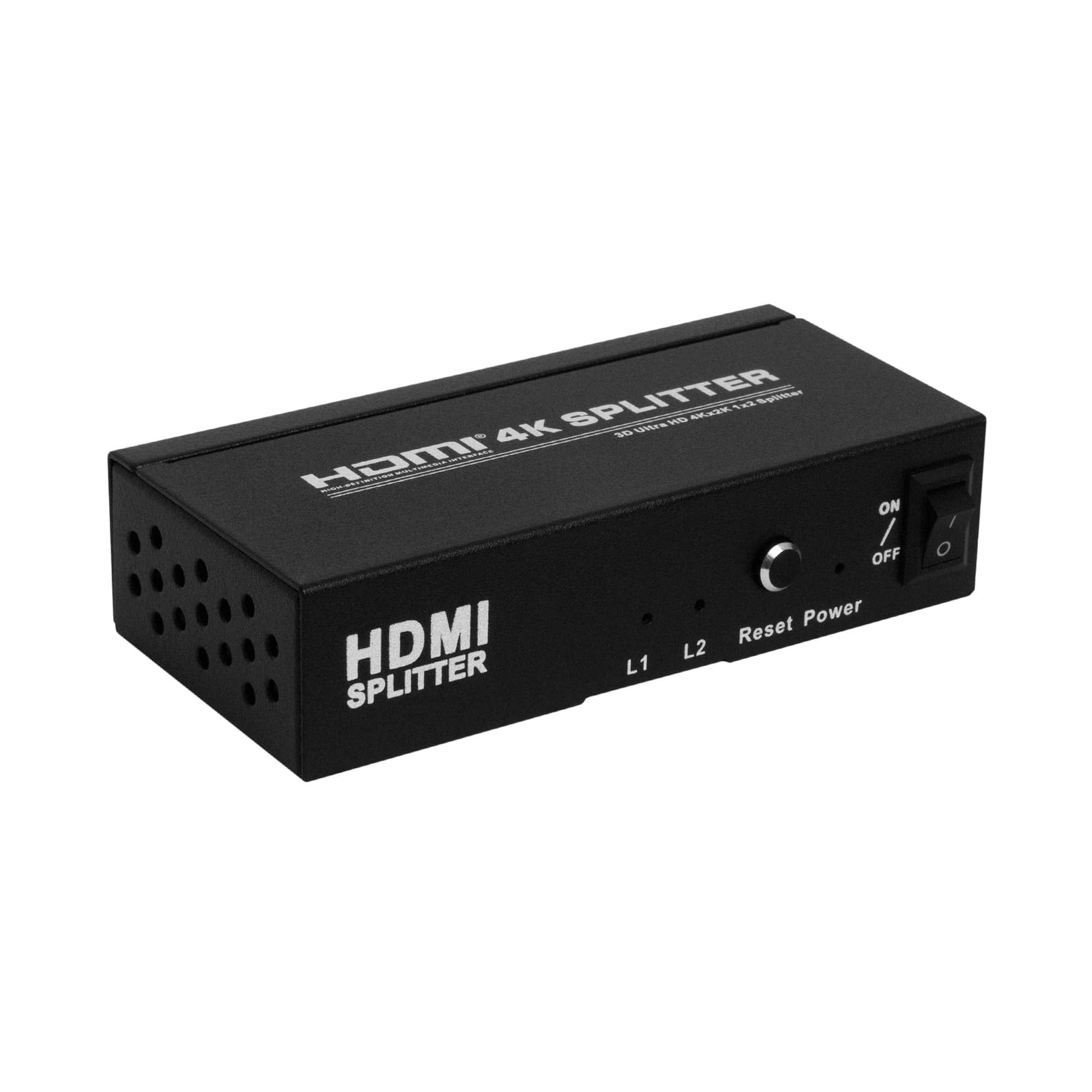 Schwarzer HDMI-4K-Splitter mit Netzschalter und Anschlüssen. Weißer Hintergrund.
