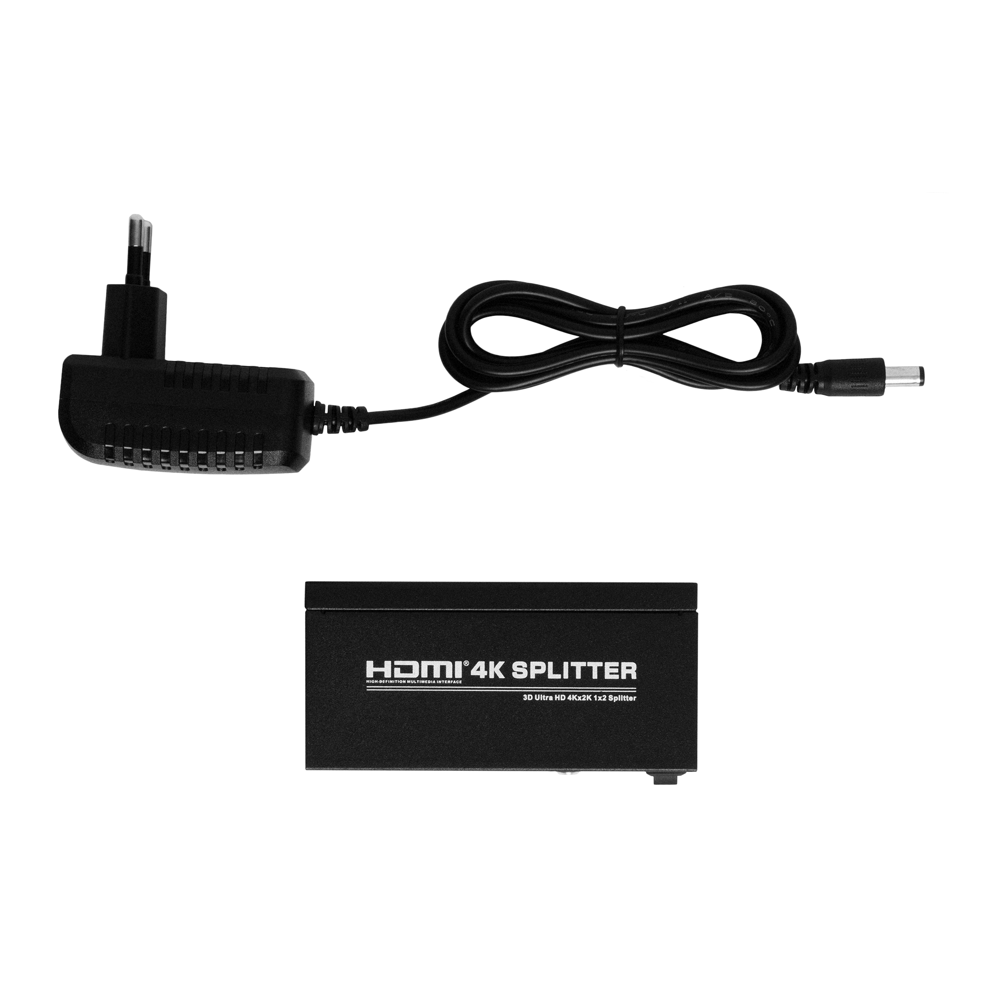 HDMI 4K Splitter mit Netzteil und Kabel, schwarz, auf weißem Untergrund.