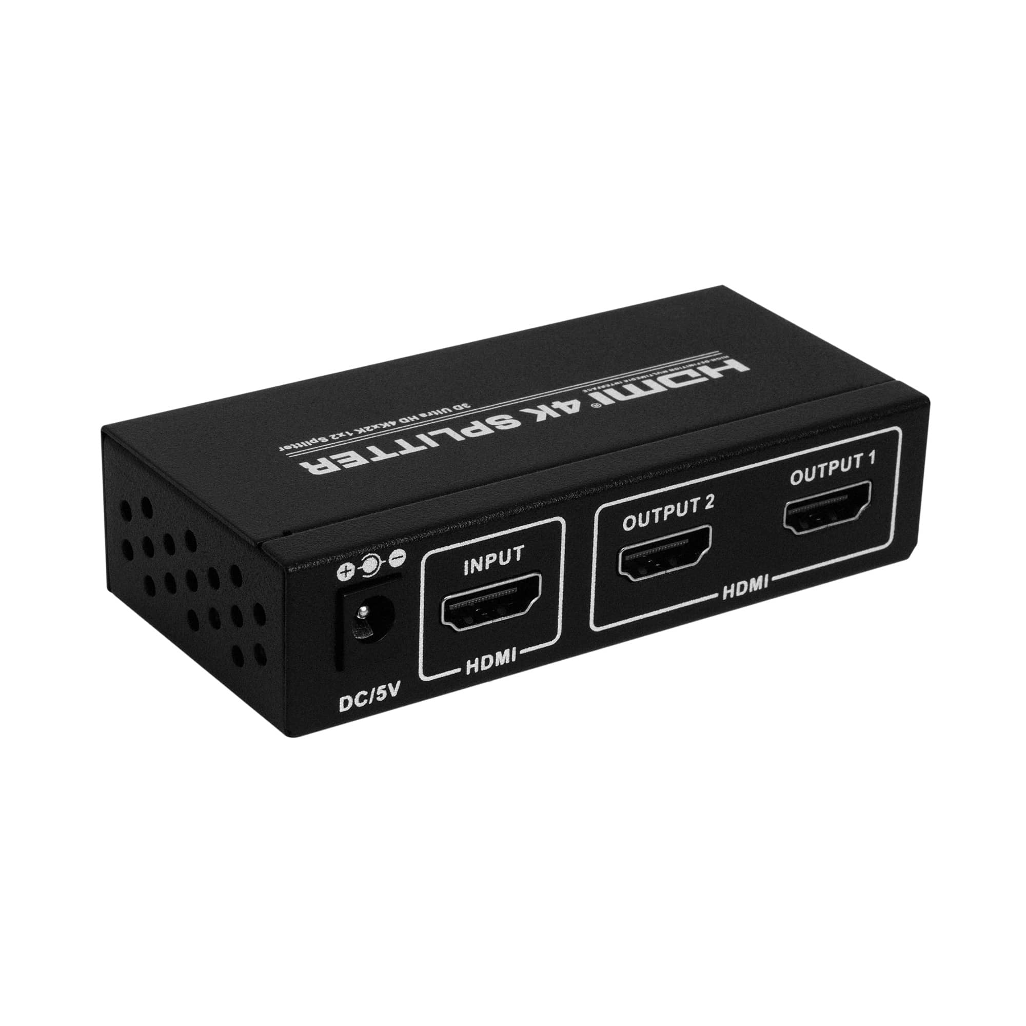 Schwarzer HDMI 4K-Splitter mit Eingang, Ausgang 1 und Ausgang 2.