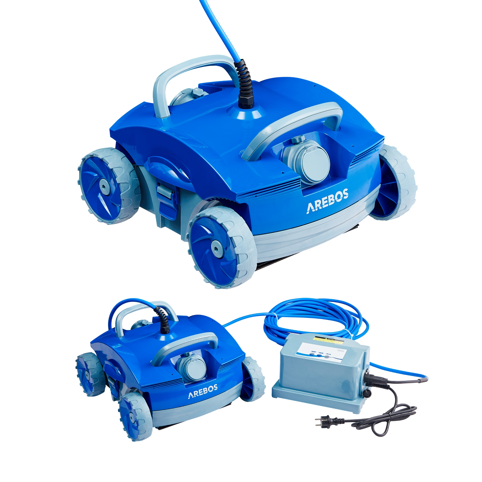 Zwei blaue Poolreinigungsroboter, einer in Gebrauch, ein weiterer als Nahaufnahme.