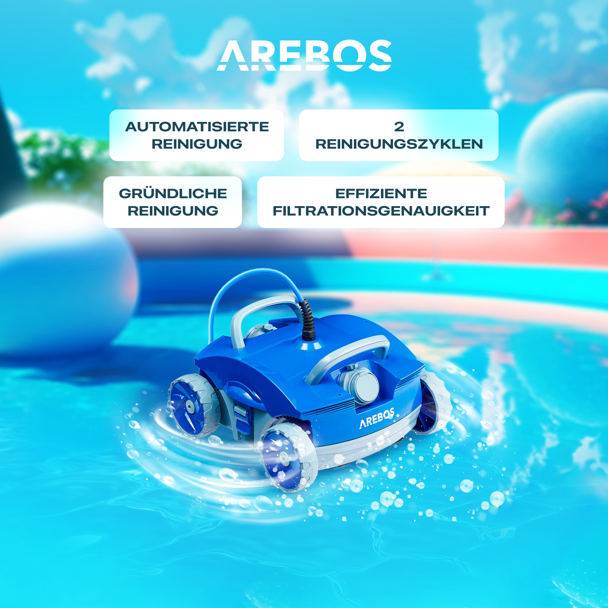 Blauer Roboter-Poolreiniger im Wasser mit Text.