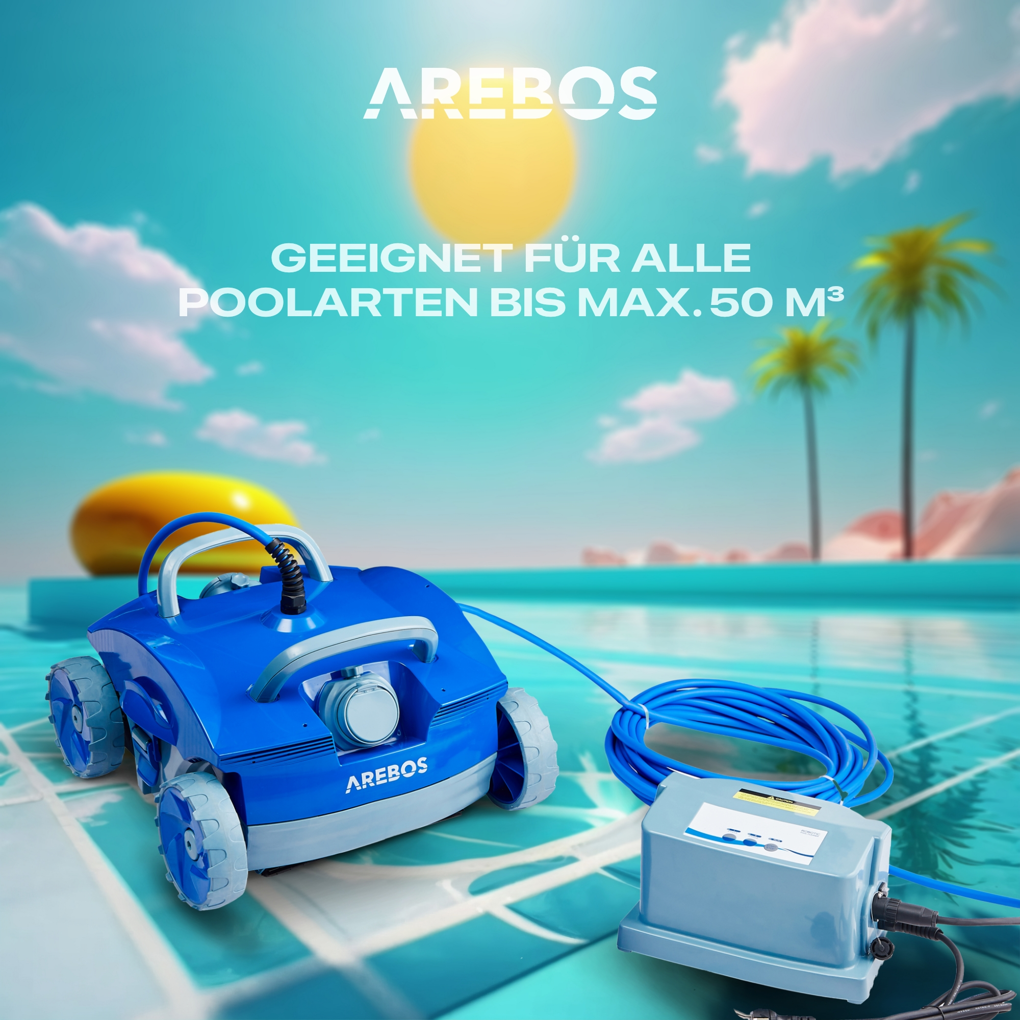 Ein blauer Roboter-Poolreiniger am Beckenrand. Das Becken hat klares Wasser und Palmen im Hintergrund.