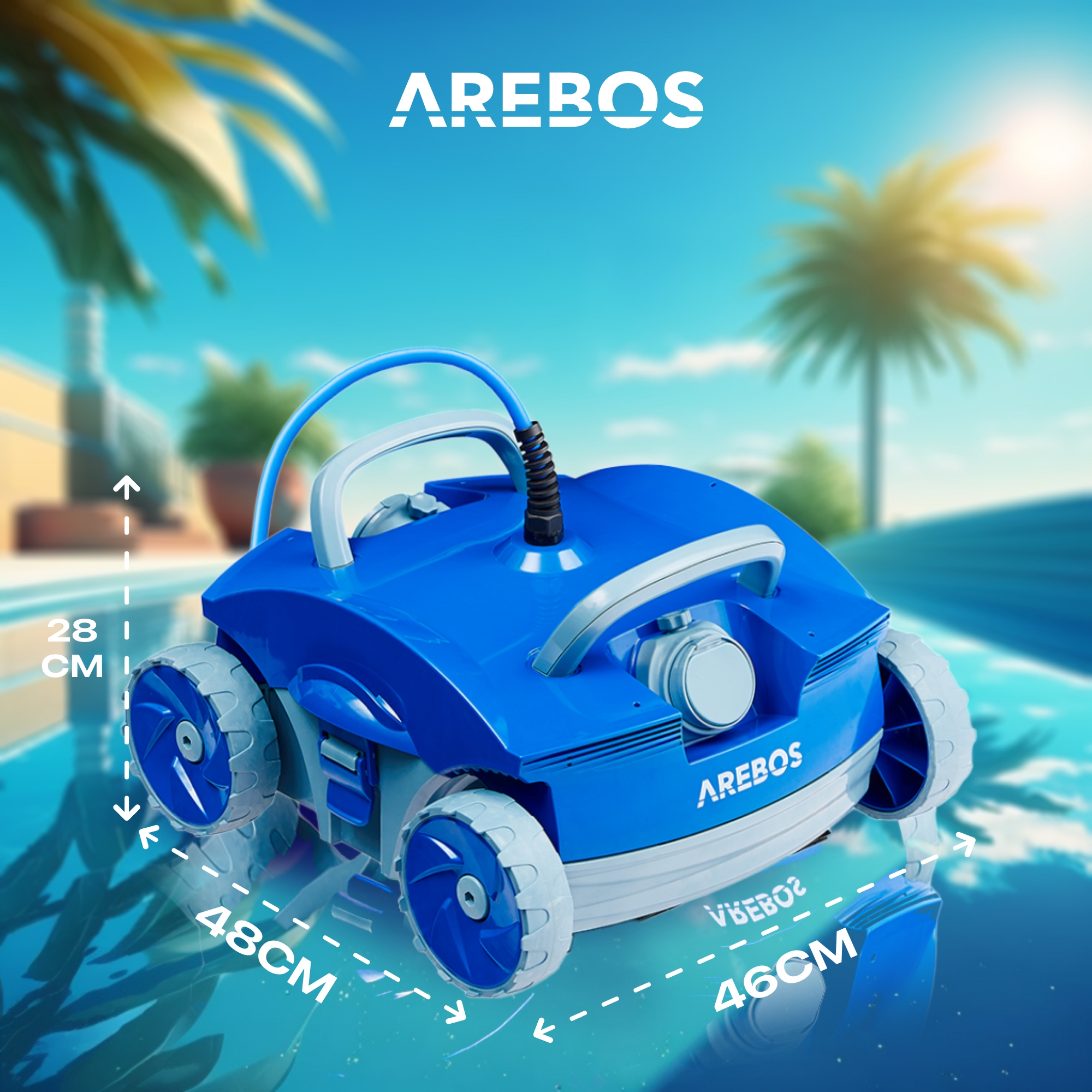Ein blauer Roboter-Poolreiniger in einem Pool, mit Abmessungen und der Marke AREBOS.