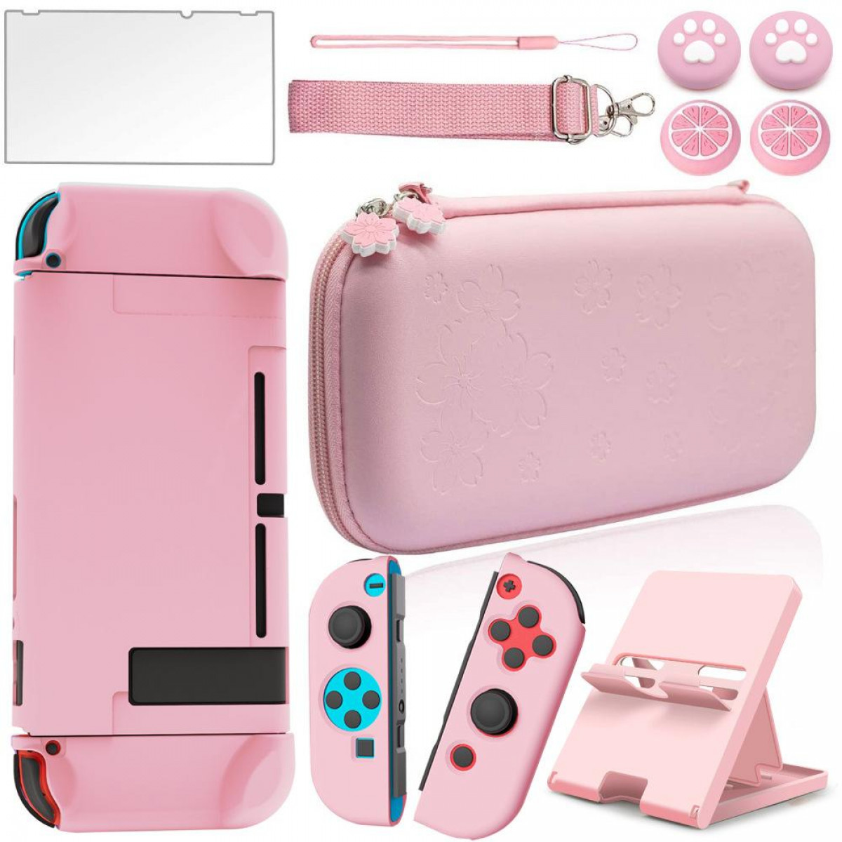 Roze Nintendo Switch-accessoires: hoesje, Joy-Cons, schermbeschermer, standaard en duimgrepen.