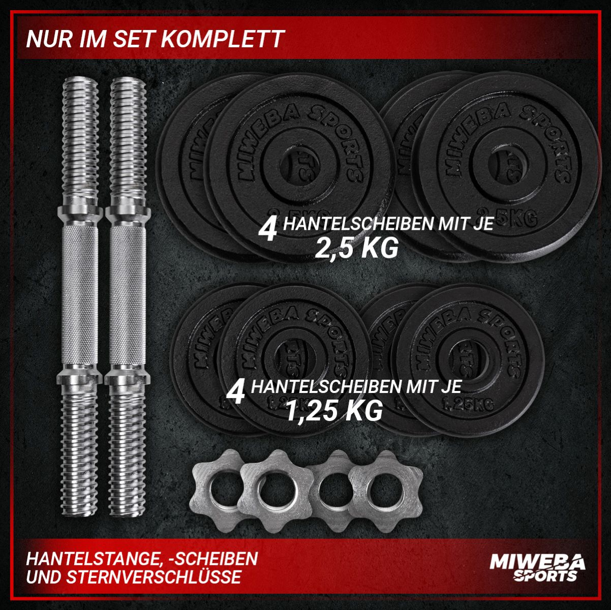 Hantelset mit Gewichten und Langhantel. Enthält Hantelstange, Hantelscheiben und Verschlüsse.