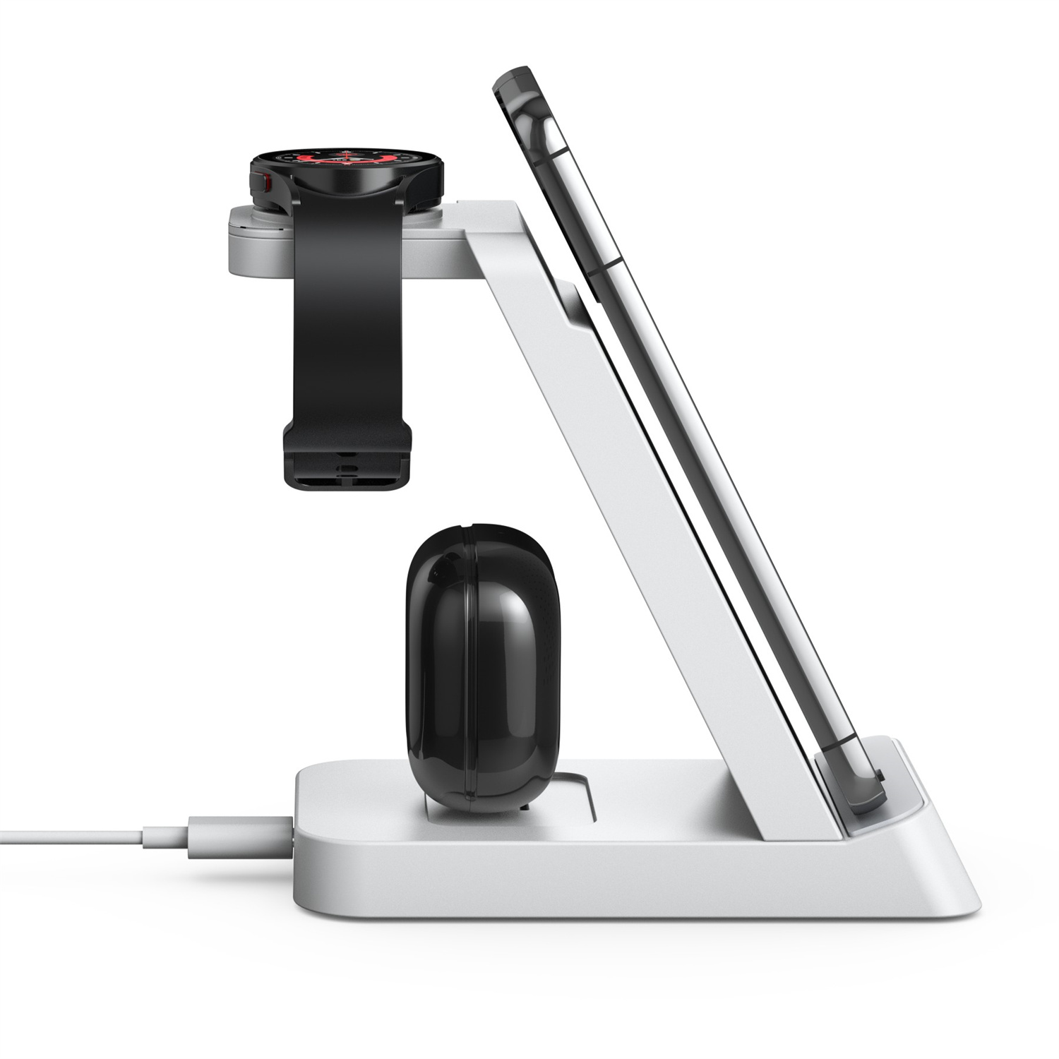 Biała stacja ładująca ze smartwatchem, telefonem i słuchawkami. Wszystko czarne.