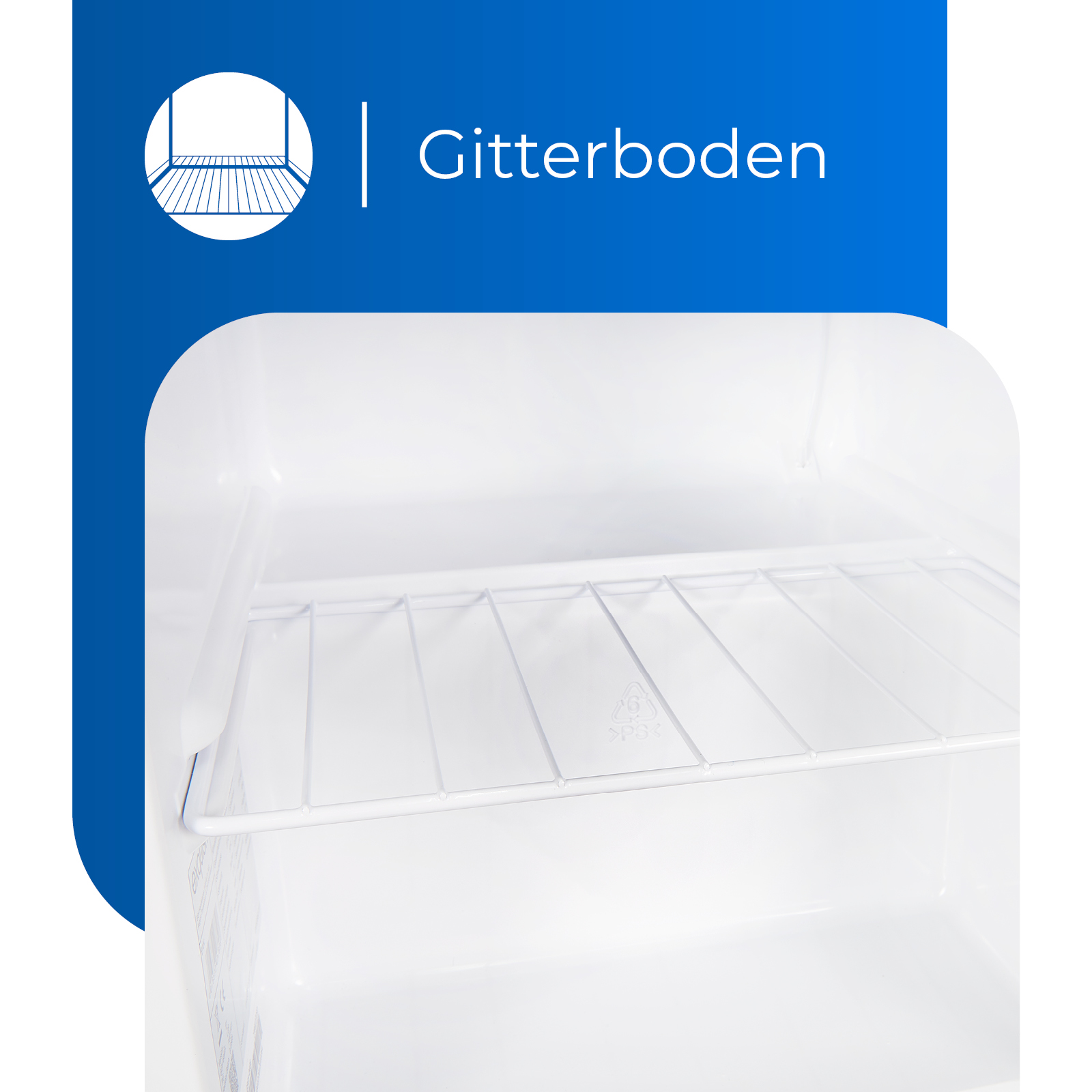 Weißer Kühlschrankinnenraum mit Drahtregal. Blauer Rand mit Text 'Gitterboden'.