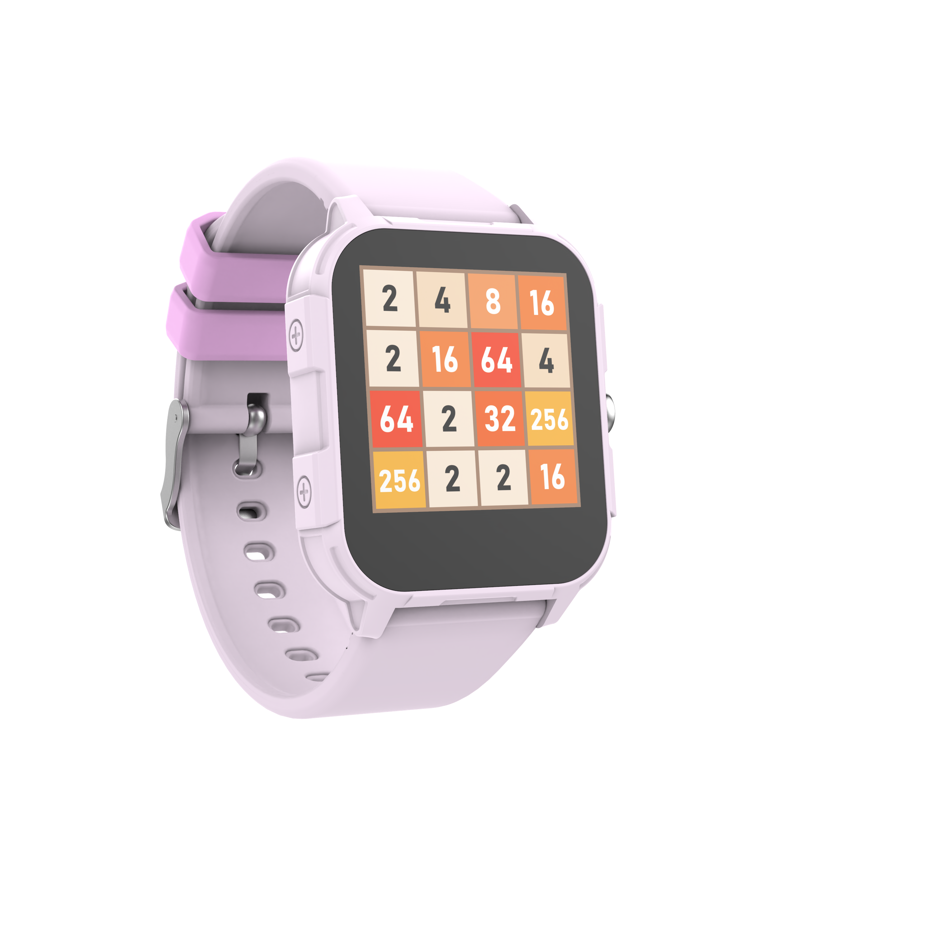 Smartwatch rosa y blanca con un juego de matemáticas en pantalla, mostrando números.