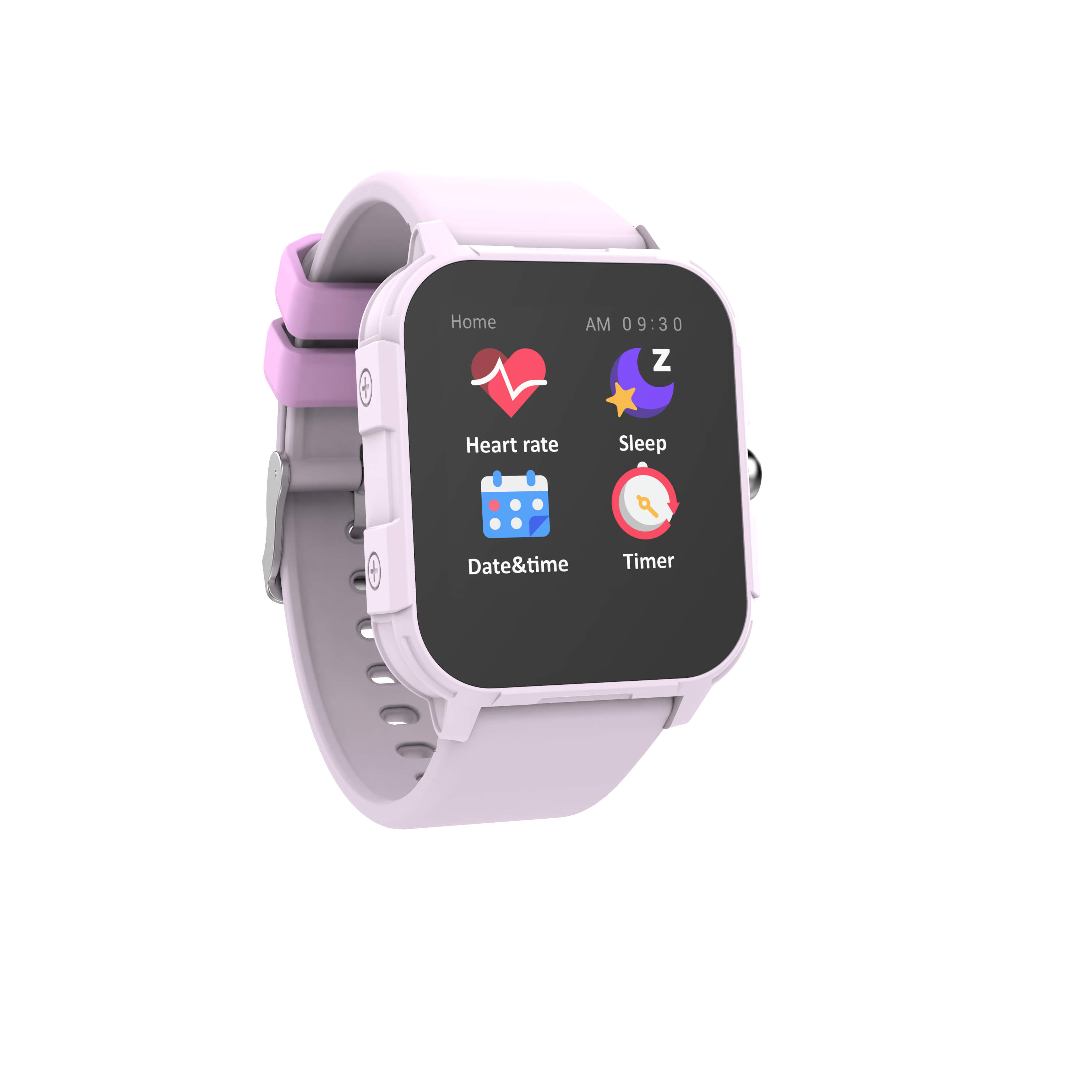 Reloj inteligente con correa blanca y pantalla cuadrada que muestra varios iconos.