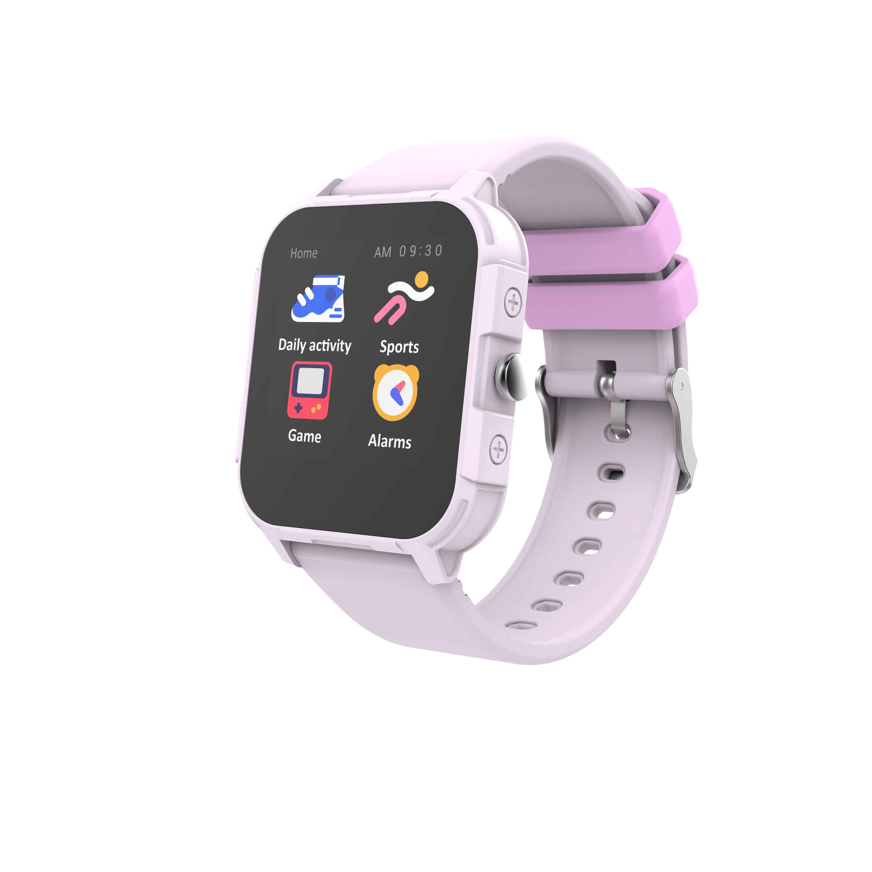 Un reloj inteligente rosa con pantalla táctil, que muestra iconos de actividad y juegos, sobre fondo negro.