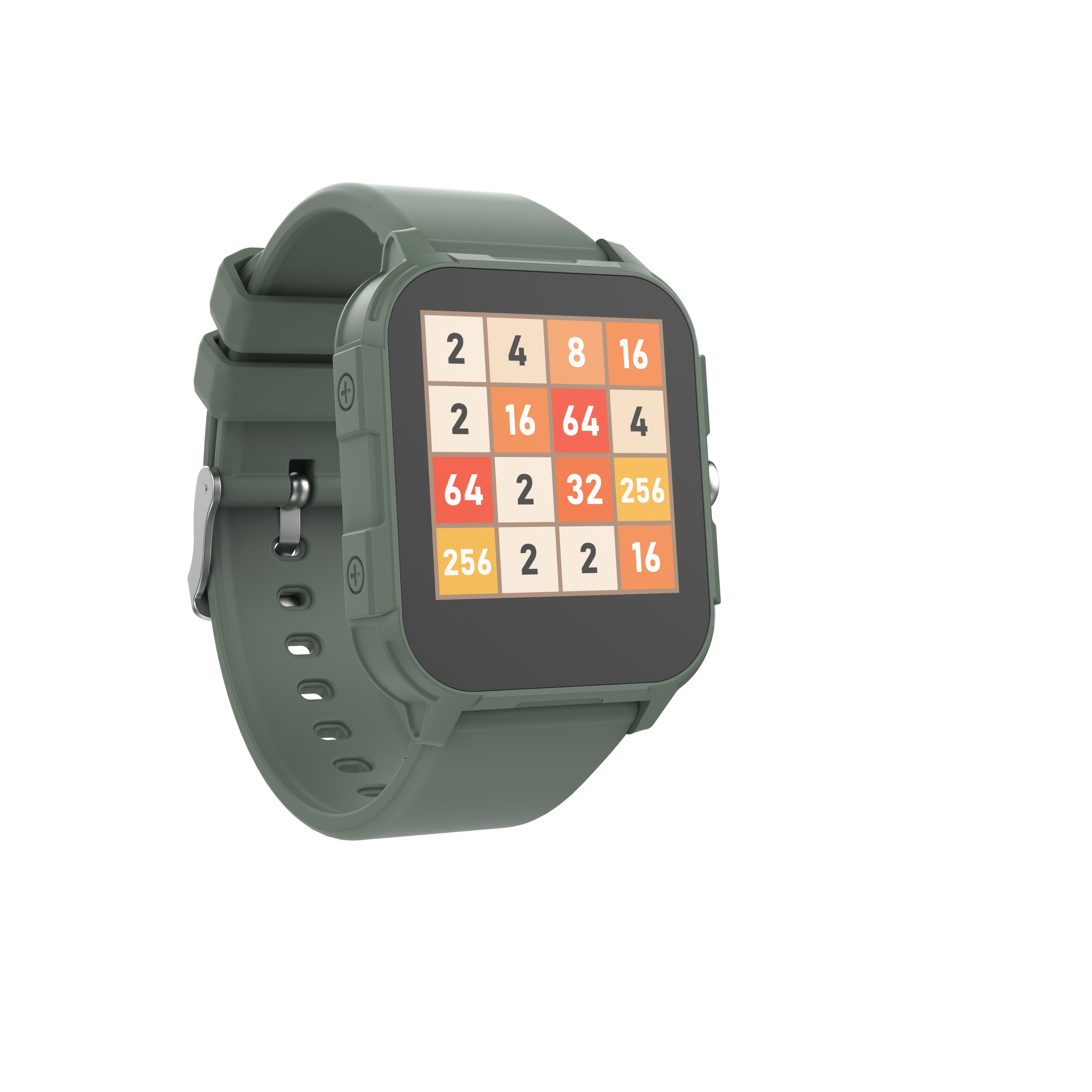 Reloj inteligente verde con una cuadrícula de números en su pantalla, mostrando un juego de matemáticas.