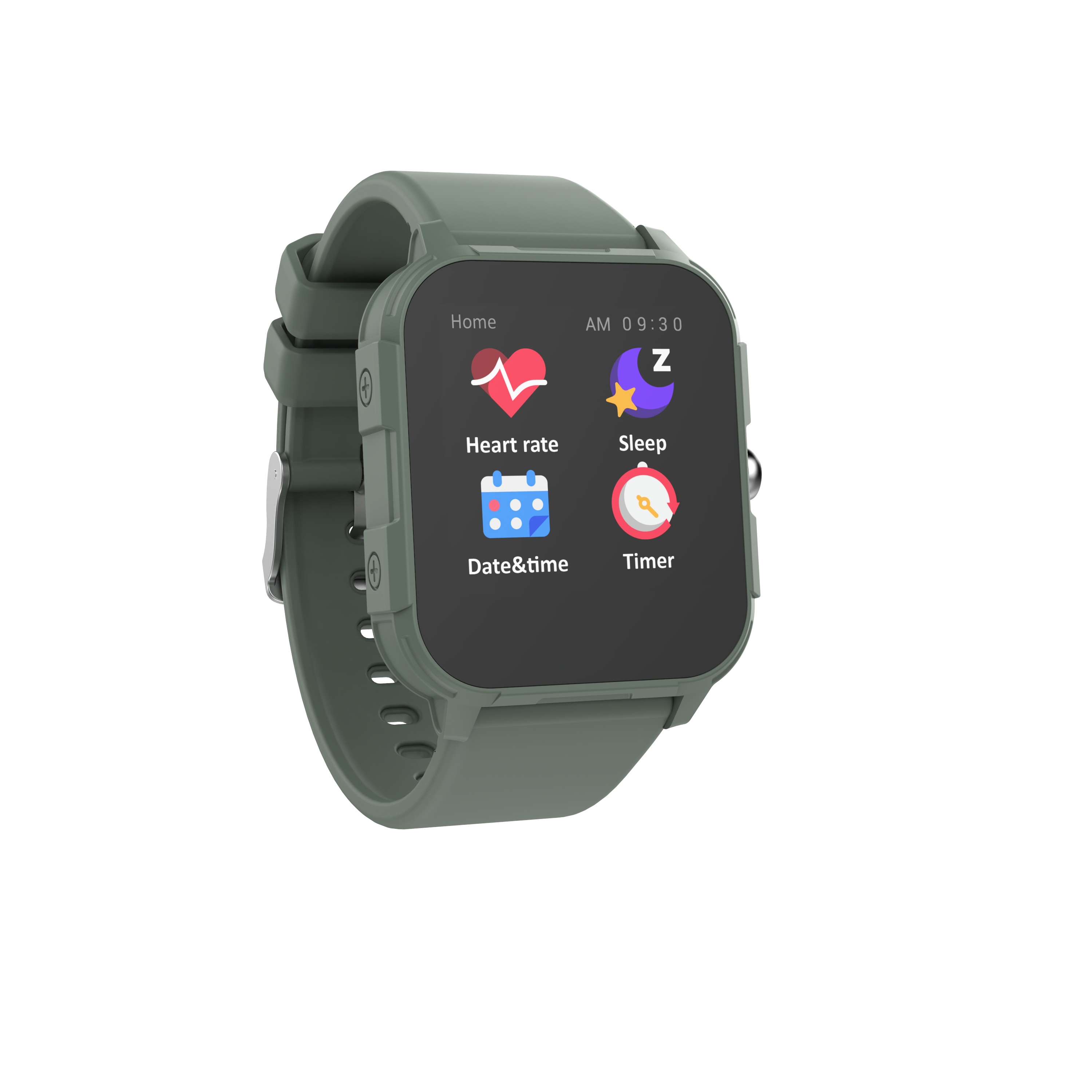 Un smartwatch con correa verde, mostrando iconos de frecuencia cardíaca, sueño, fecha y hora y temporizador.