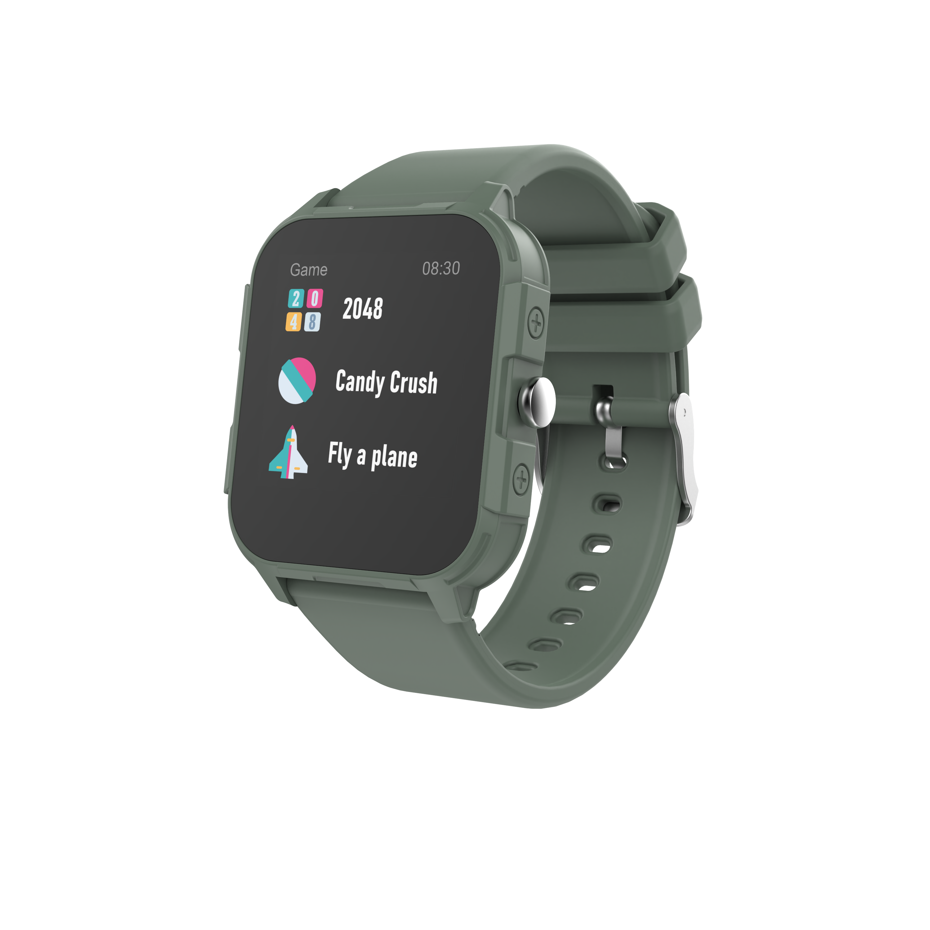 Smartwatch con correa verde, mostrando opciones de juego: 2048, Candy Crush y Fly a plane.