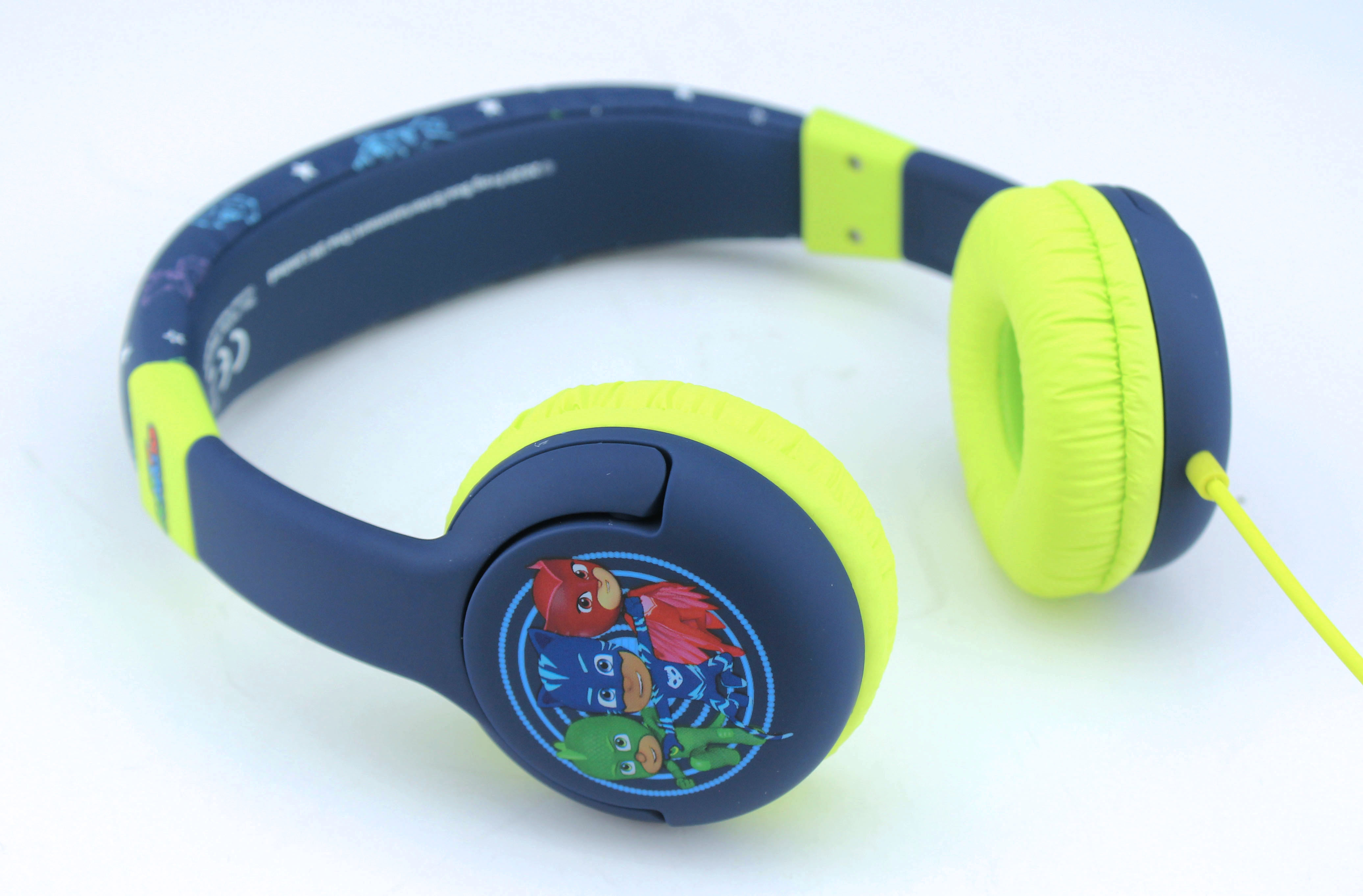 Niebieskie i neonowo-zielone słuchawki PJ Masks z logo postaci.