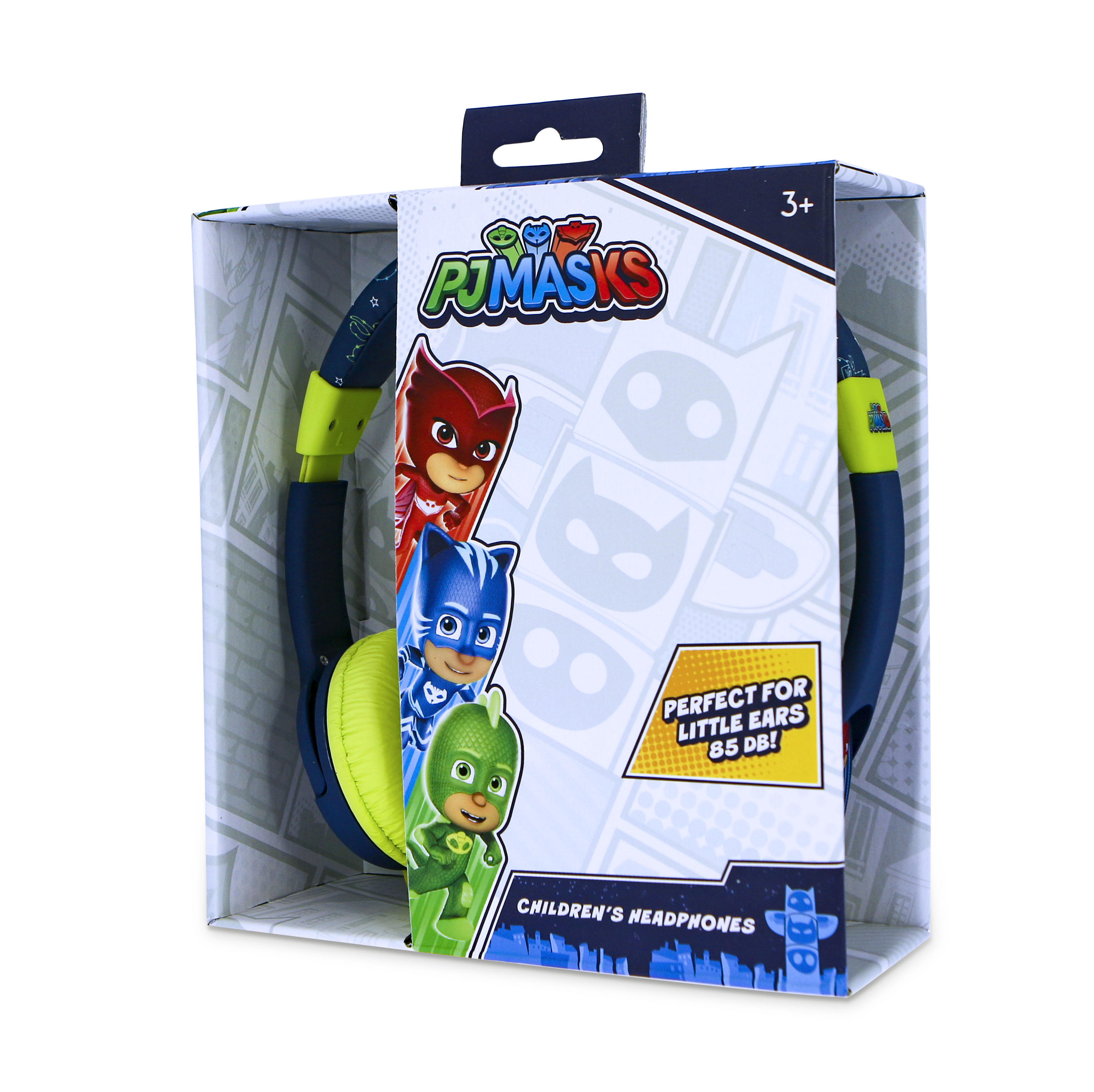Słuchawki PJ Masks w pudełku. Słuchawki są niebieskie i żółte.