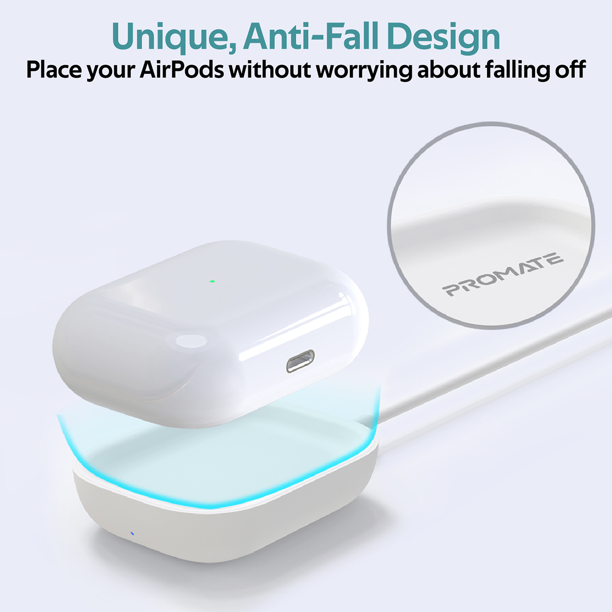 Una base de carga inalámbrica blanca con una funda de AirPods encima, con texto promate en un círculo.
