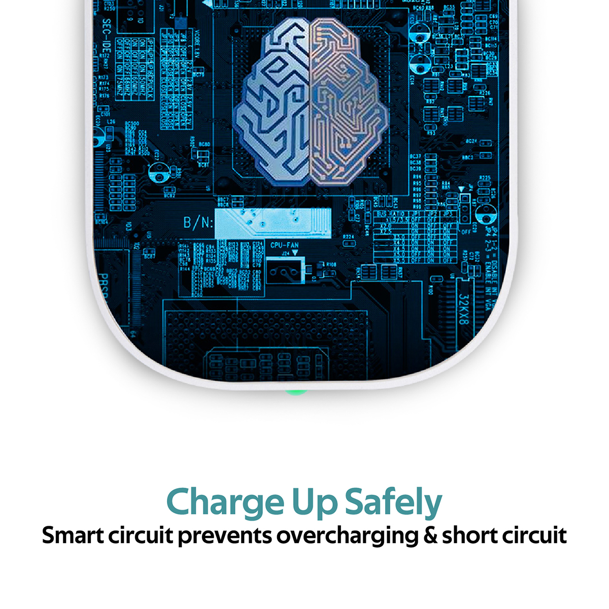 Placa de circuito con un gráfico de cerebro. Texto: 'Carga segura', previene sobrecarga y cortocircuito.