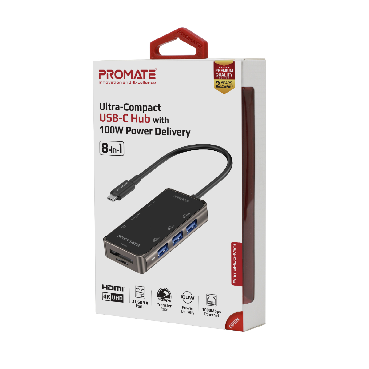 Hub USB-C Promate in una scatola bianca. Ha più porte ed è nero. La scatola ha info prodotto.