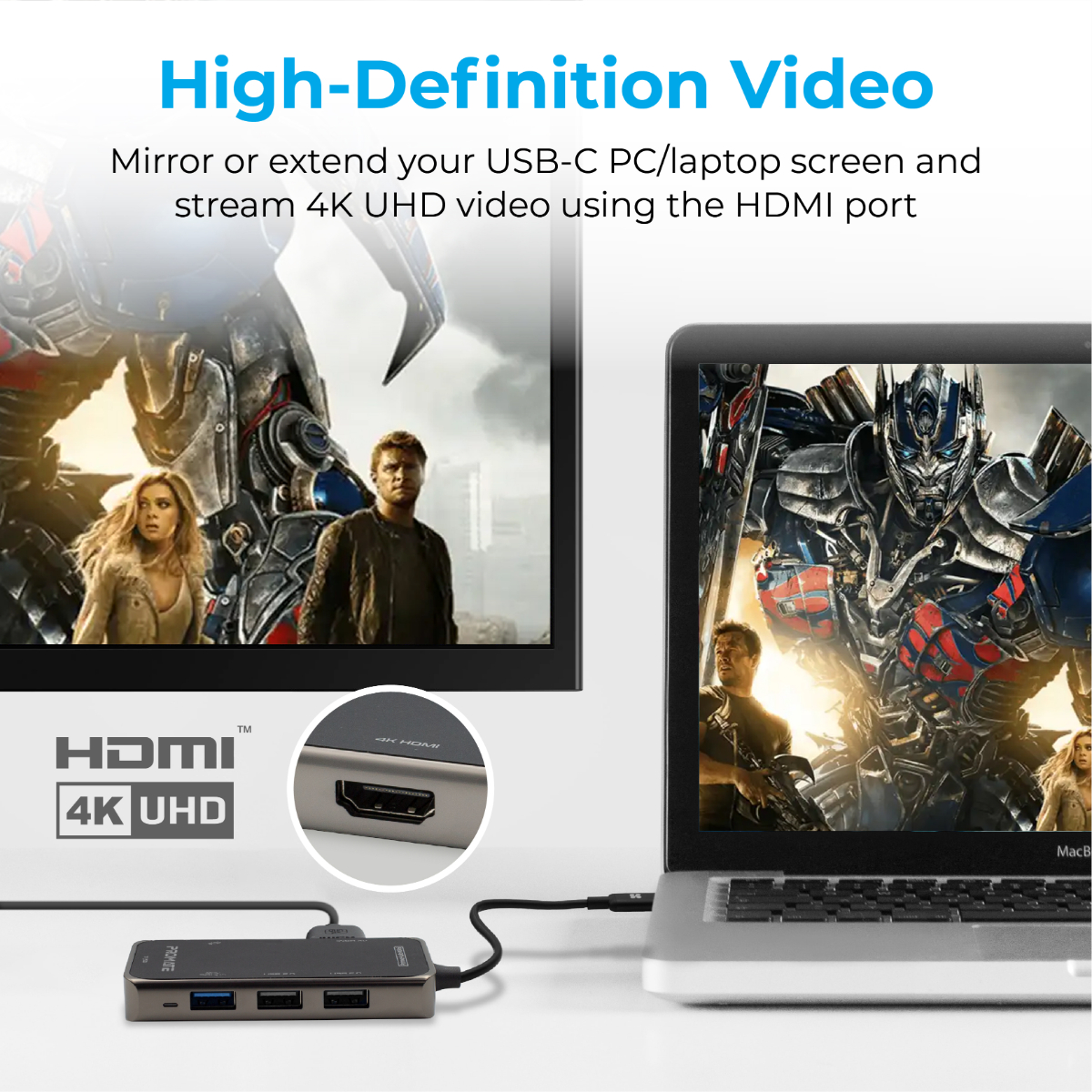 Laptop conectado a un monitor a través de un hub, mostrando una escena de película. Logo HDMI 4K UHD.